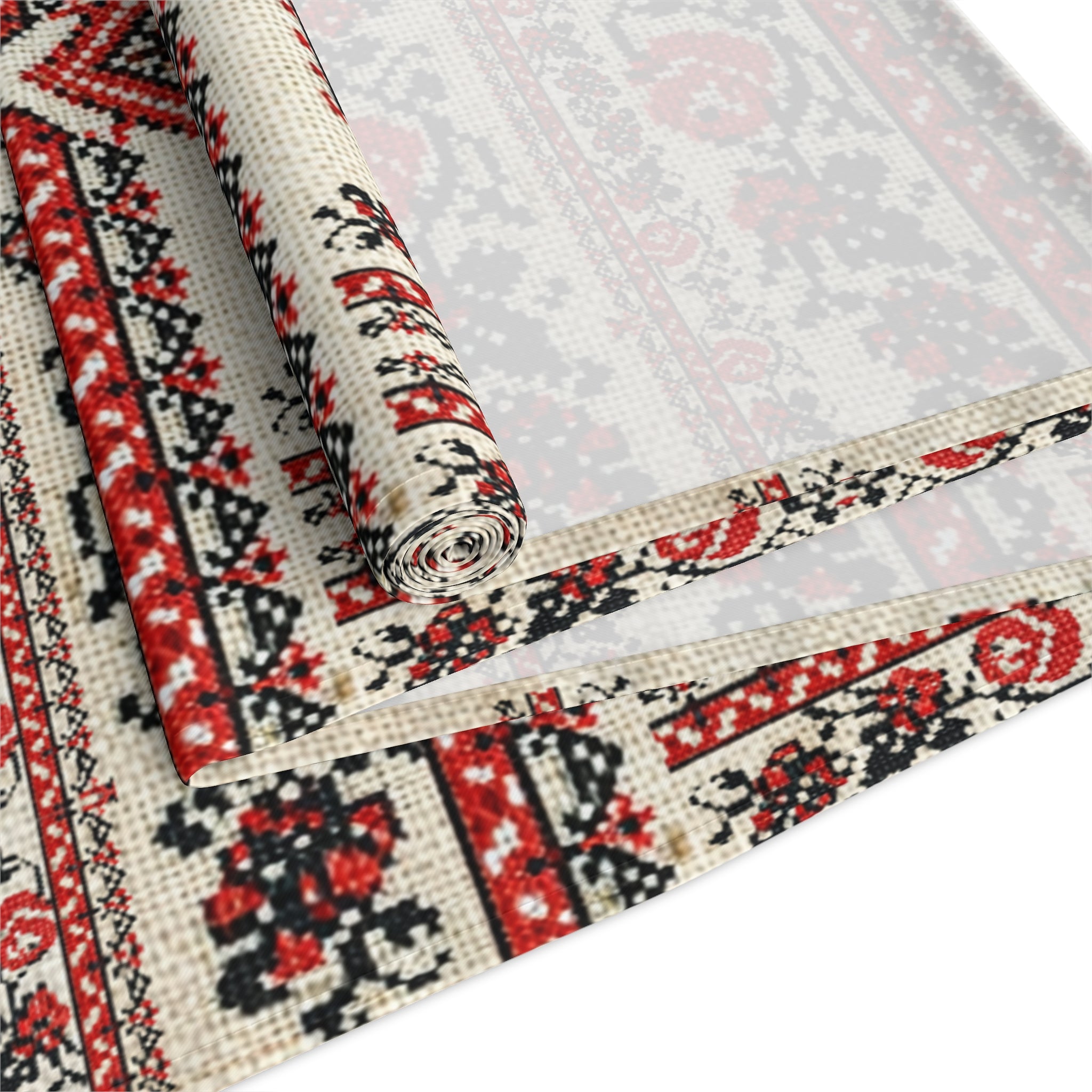 Ukrainian Tryzub Table Runner, Red Black Embroidery Pattern, Linen Style Folk Art Dining Room Decor