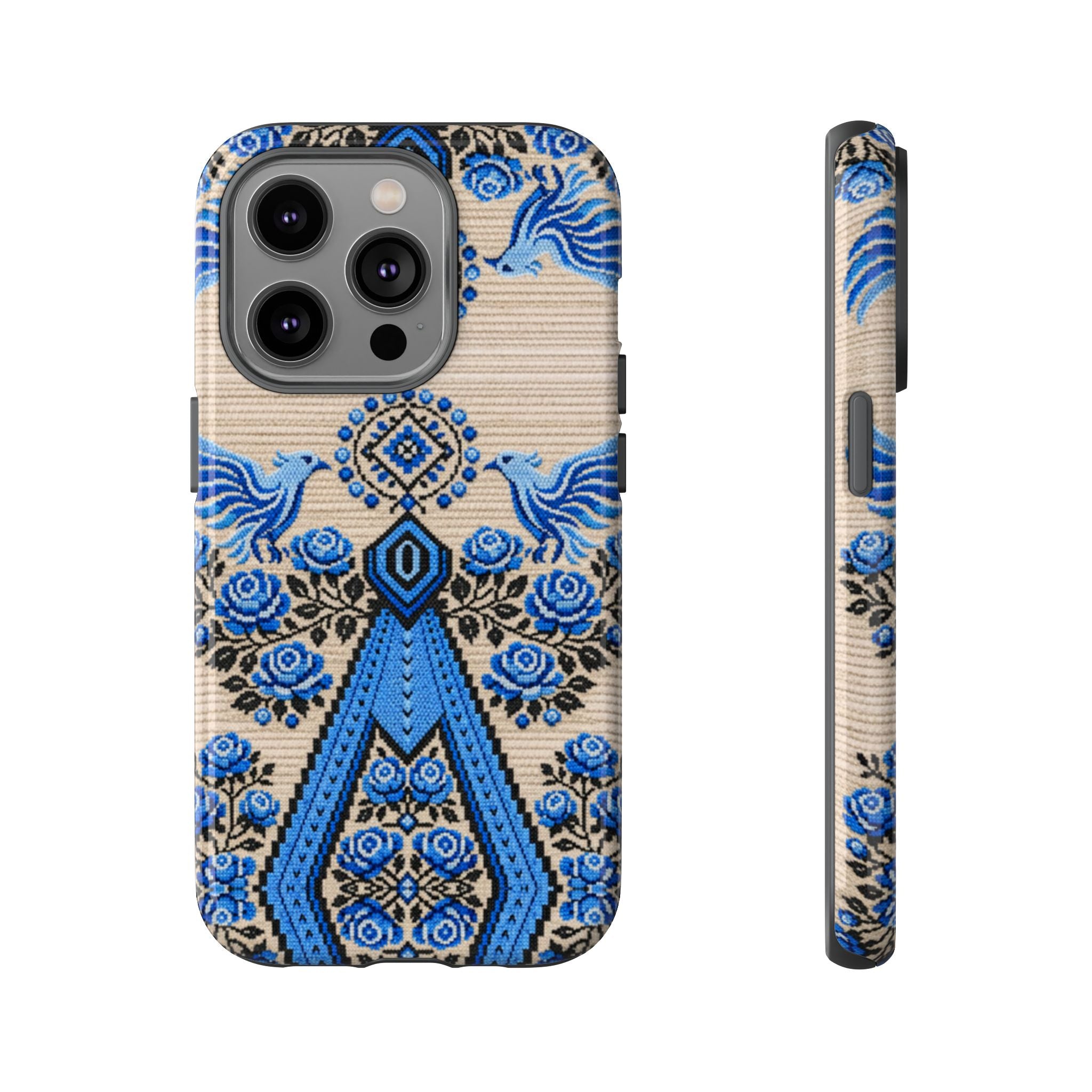 Ukrainian Phone Case  Blue Black Berehynia Design, Falcons & Roses Folk Art, Slavic Embroidery Style Protective Cover