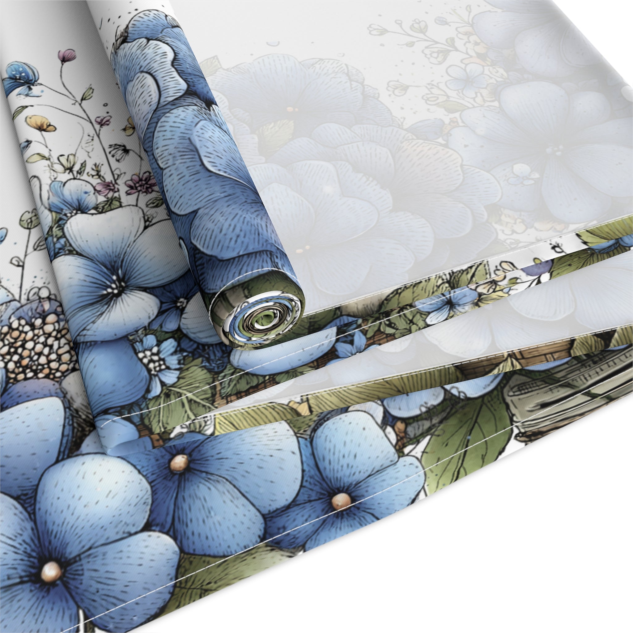 Blue Floral Table Runner, Cotton & Polyester, Spring Dining Table Decor, Elegant Blue and White Flower Runner, 2 Sizes