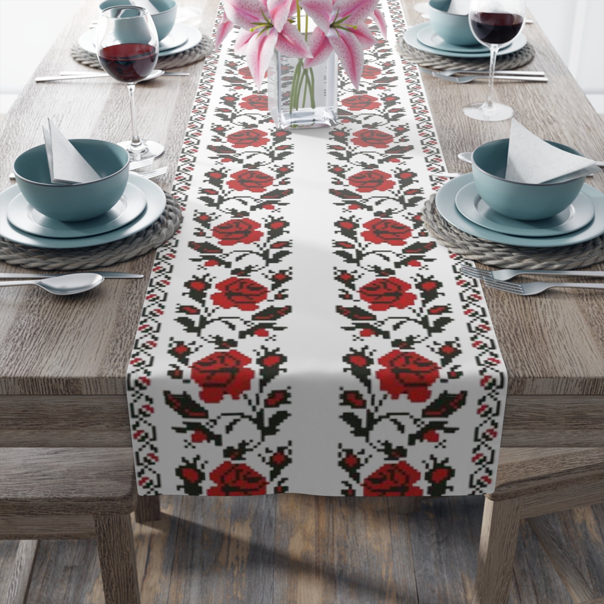 BLUESKYDEZIGN Ukrainian Traditional Table Runner - Red Black Heritage Decor
