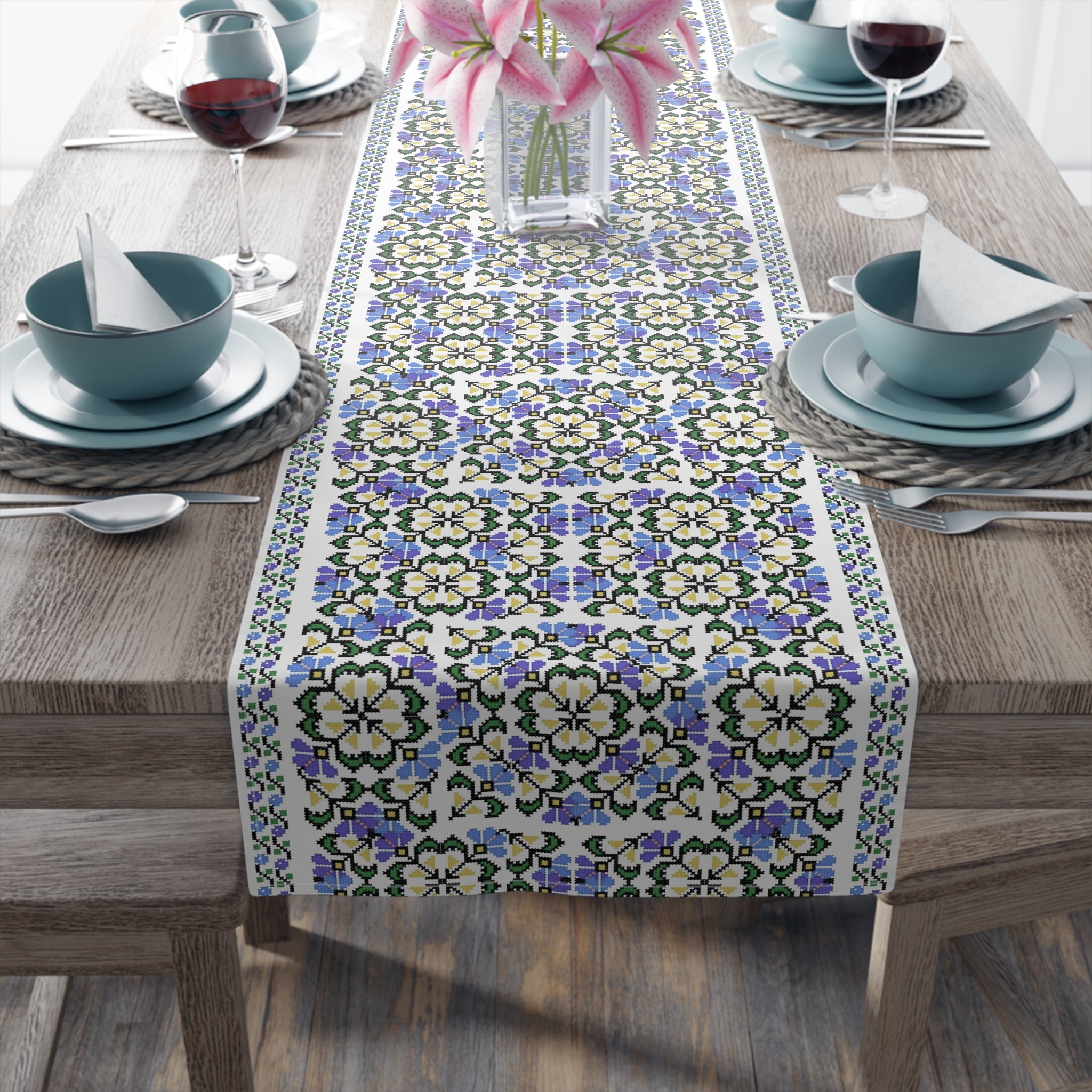 Ukrainian Folk Art Table Runner - Blue Indigo Pattern, Slavic Heritage Farmhouse Decor, Cotton or Polyester, Housewarming Gift