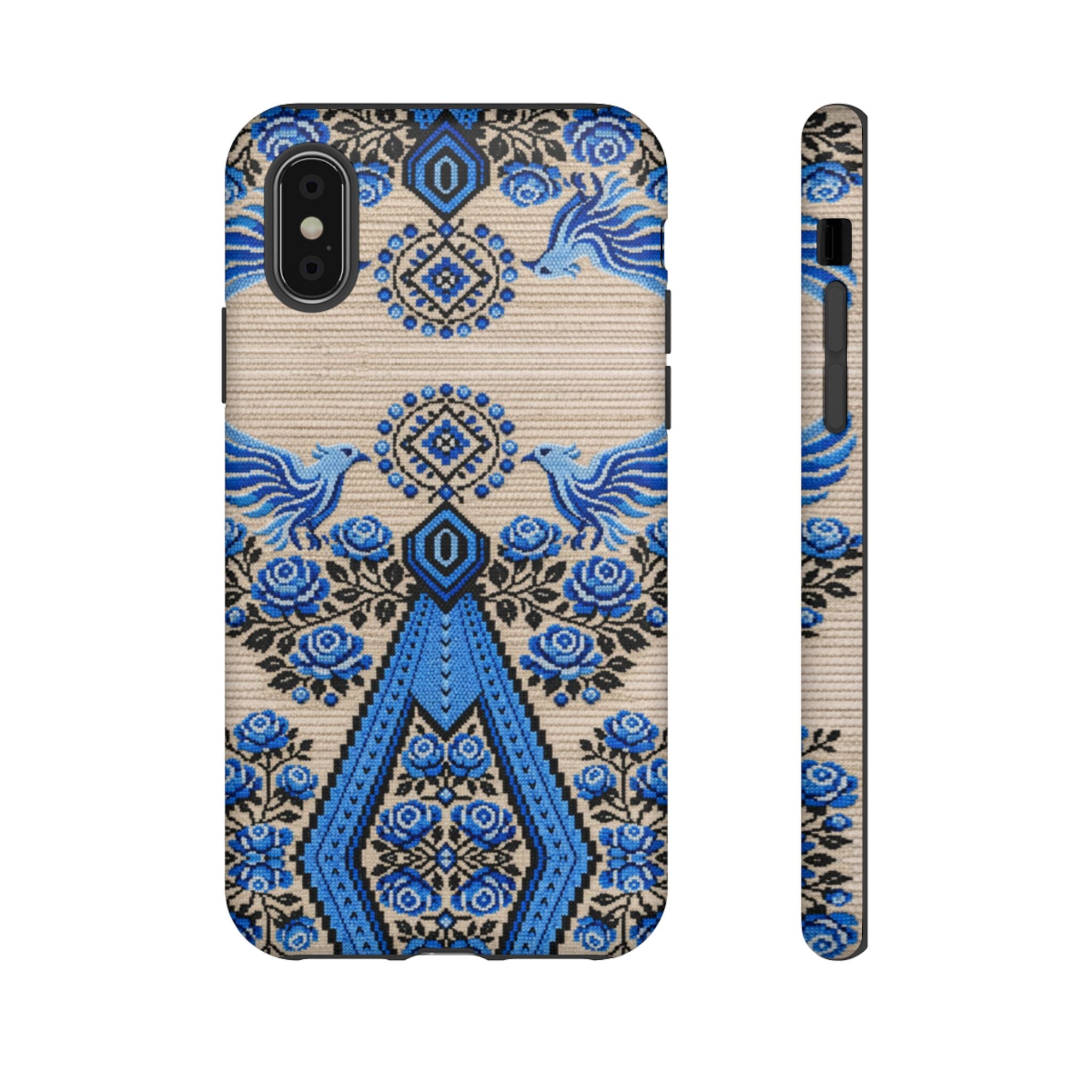 Ukrainian Phone Case  Blue Black Berehynia Design, Falcons & Roses Folk Art, Slavic Embroidery Style Protective Cover