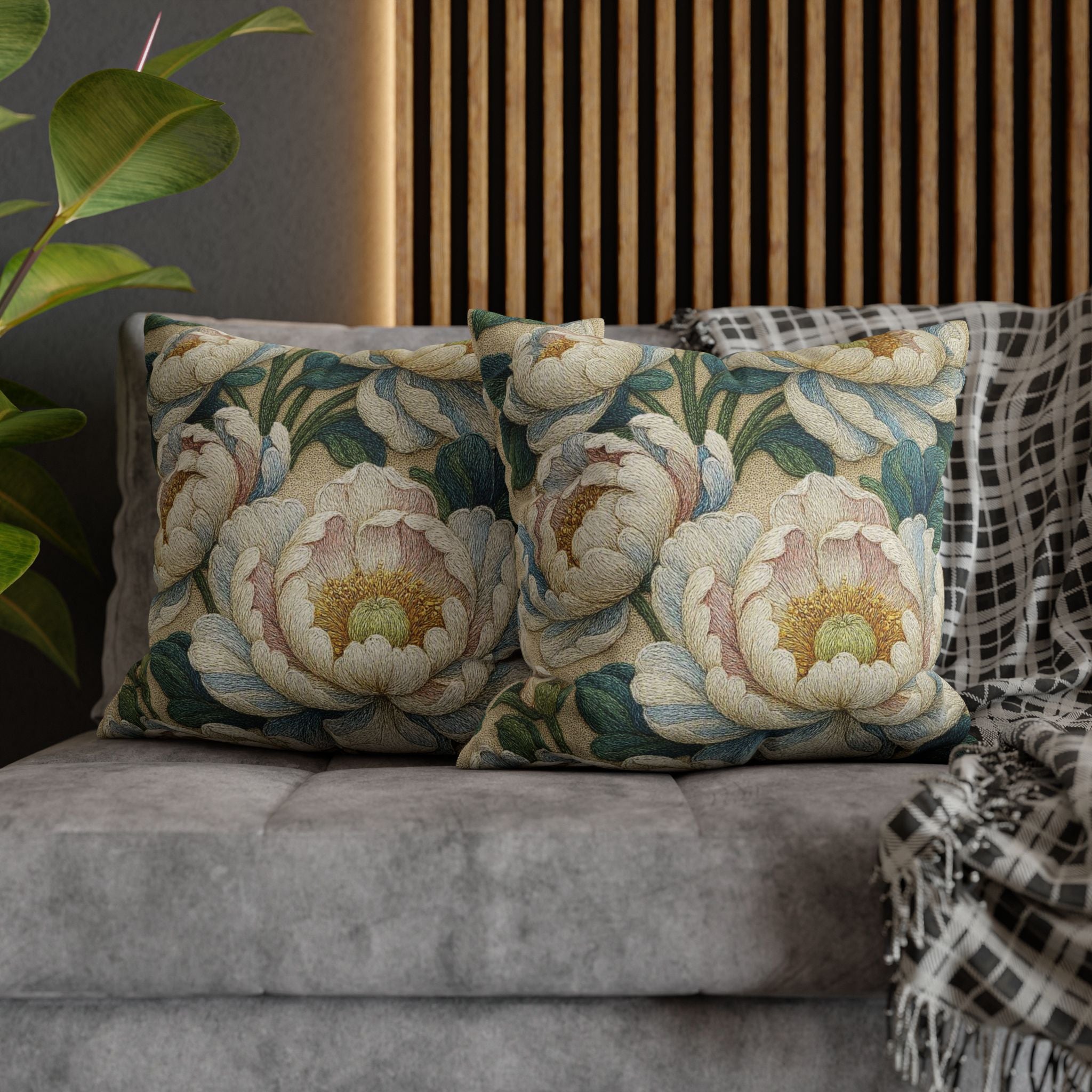 Petrykivka Bloom Pillow Cover – Cream Peony Floral, Vintage Blue Embroidered Look
