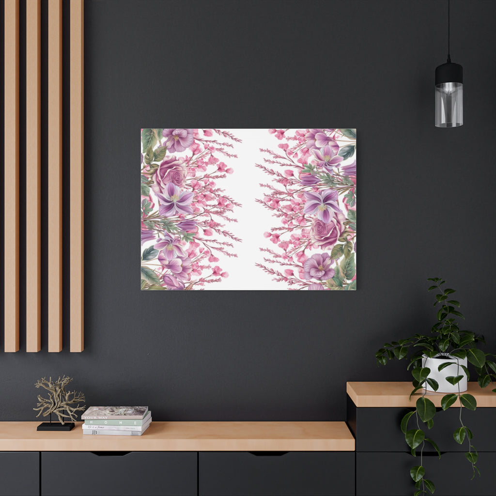 Floral Matte Canvas Wall Art, Pink Purple Botanical Print, Modern Symmetrical Flower Design, Stretched 1.25" Canvas Home Decor