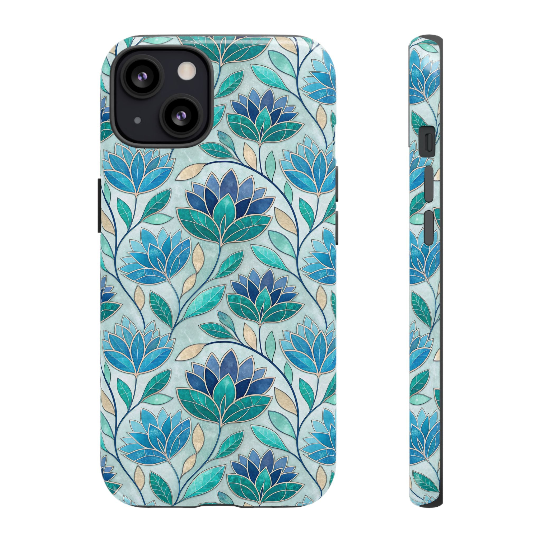 Mosaic iPhone Case, Stained Glass Floral Phone Cover, Teal Blue Protective Case, Matte Glossy Options, Artistic Mosaic Pattern