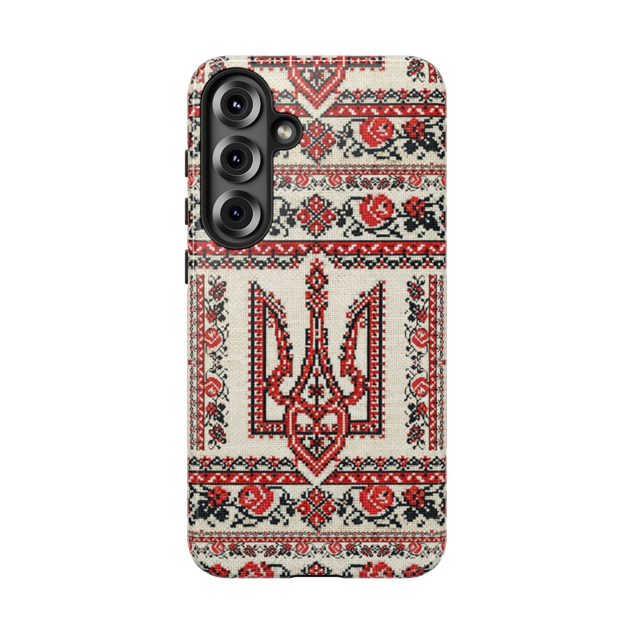 Ukrainian Trident Embroidery Phone Case • Red Black Trident Pattern • Protective Folk Art Cover for iPhone & Samsung