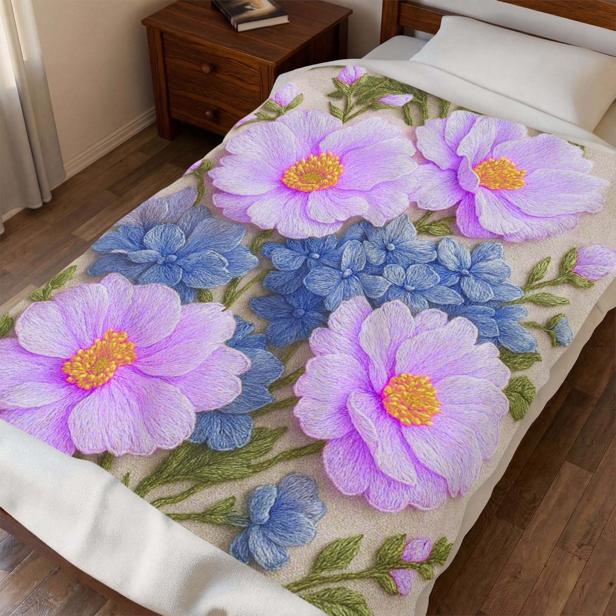 Lavender Cosmos and Blue Hydrangea Velveteen Blanket, Alexandra Bloom Collection, Cozy Floral Throw Blanket, Soft Garden Bedding Gift