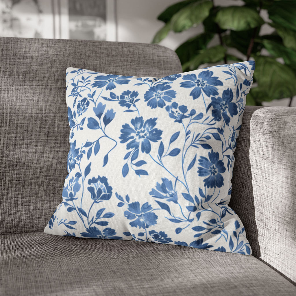 Light Blue Floral Pillowcase Spun Polyester Square Pillowcase | Blue Flower Pillow Cover