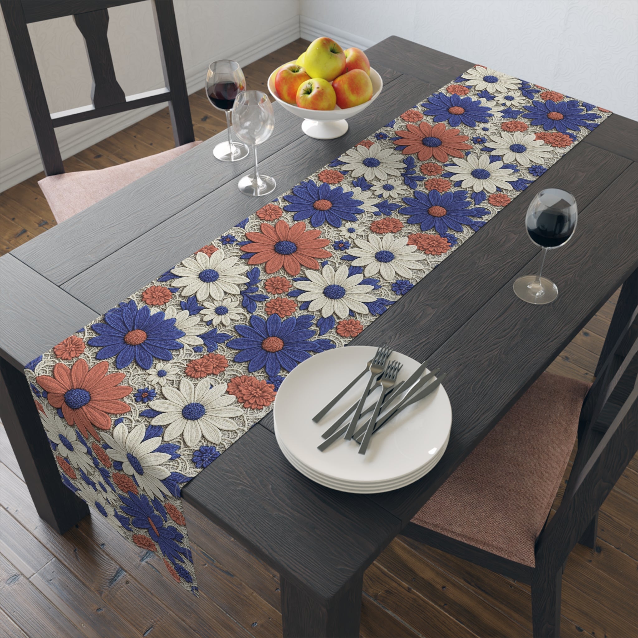 Retro Daisy Floral Table Runner — Vintage Farmhouse Boho Decor, Cotton or Polyester | BLUESKYDEZIGN
