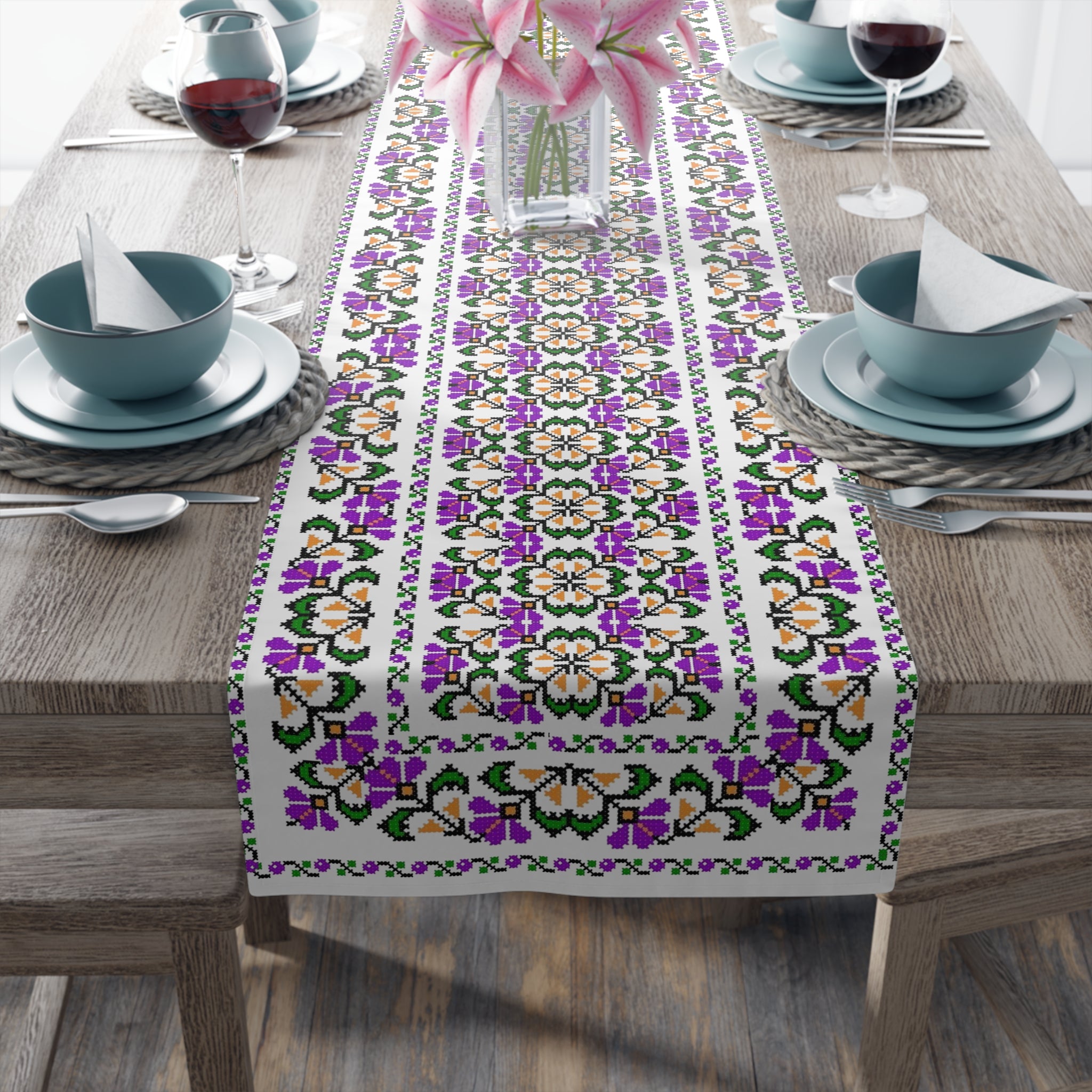 Ukrainian Traditional Purple Floral Pattern is Table Runner, Cotton Poly Dining home Decor, housewarming, cottage core