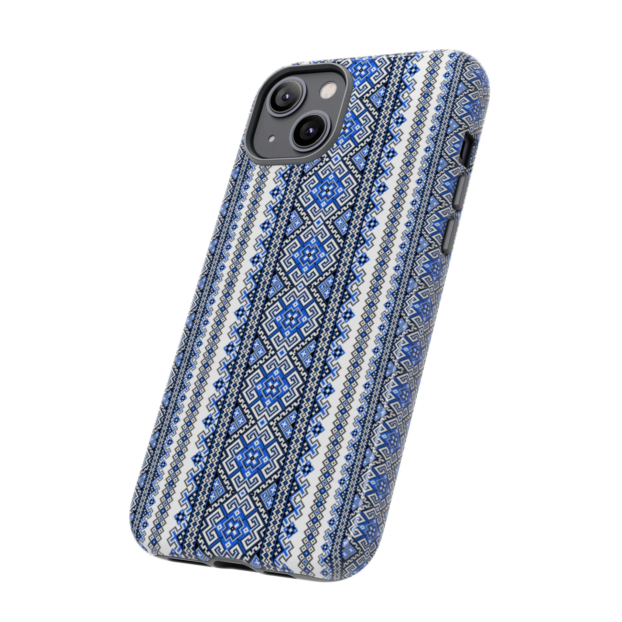 Ukrainian Pattern iPhone Case, Blue Black Geometric Folk Design, Protective Phone Cover, Traditional Ethnic Print