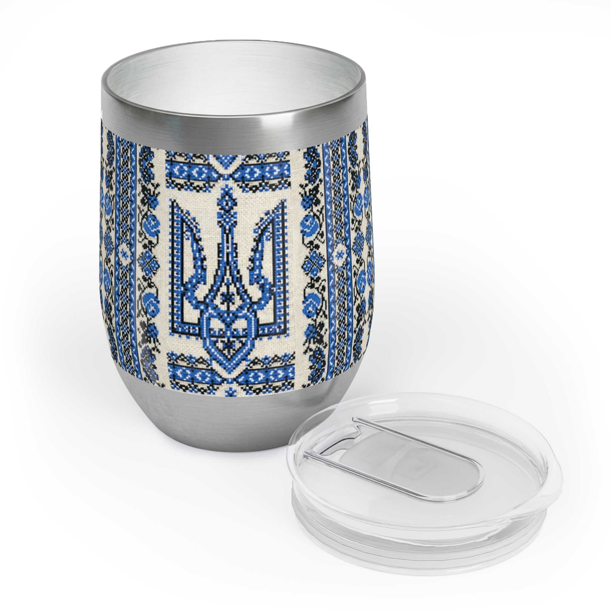 Ukrainian Trident Blue Wine Tumbler | Tryzub Folk Art | 12oz Insulated Steel Cup