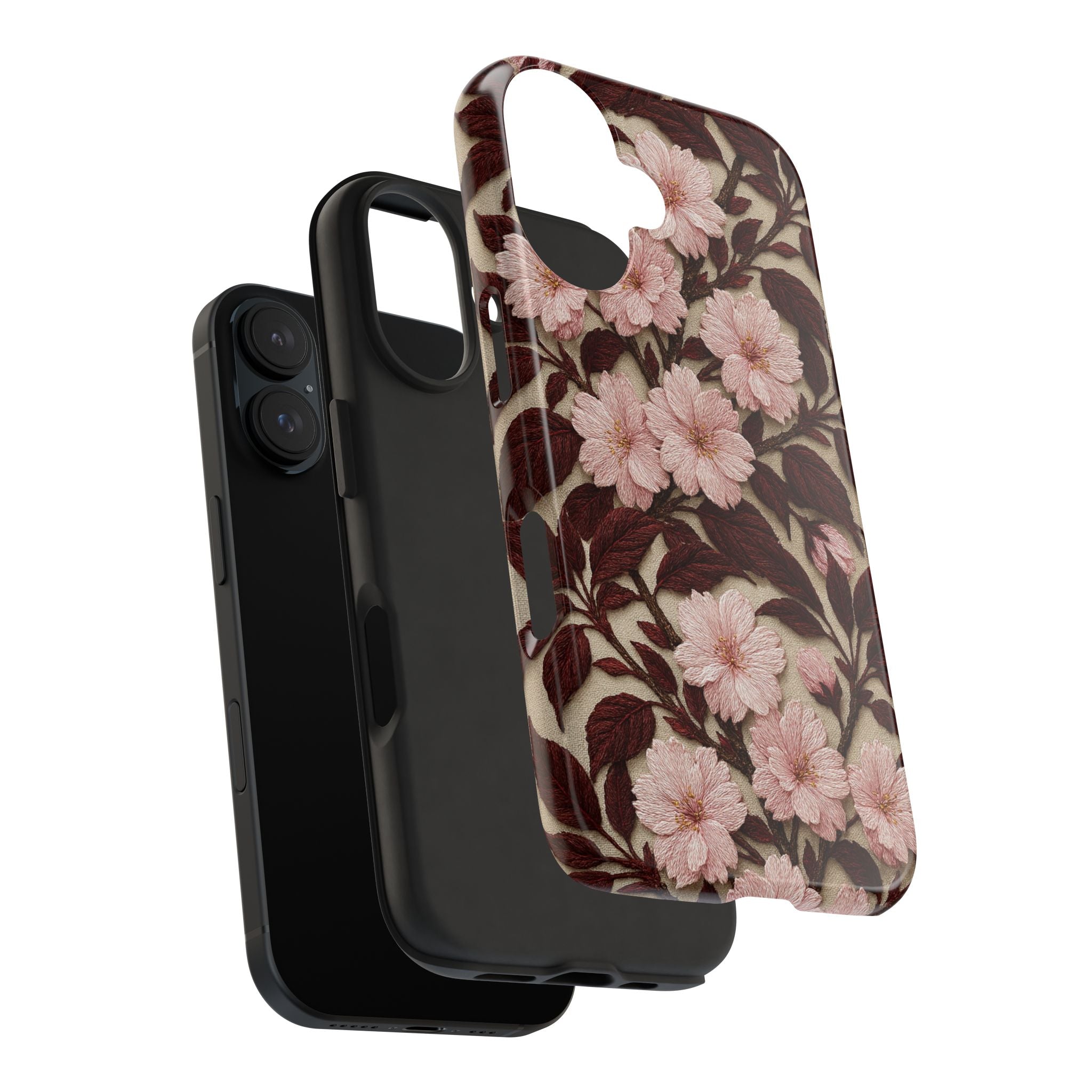 Sakura Noir Tough iPhone Case - Vintage Pink Cherry Blossom, Dark Botanical Floral Cover, Shockproof Gift for Her