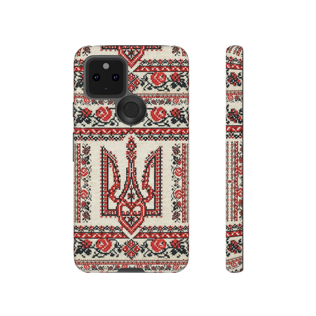 Ukrainian Trident Embroidery Phone Case • Red Black Trident Pattern • Protective Folk Art Cover for iPhone & Samsung