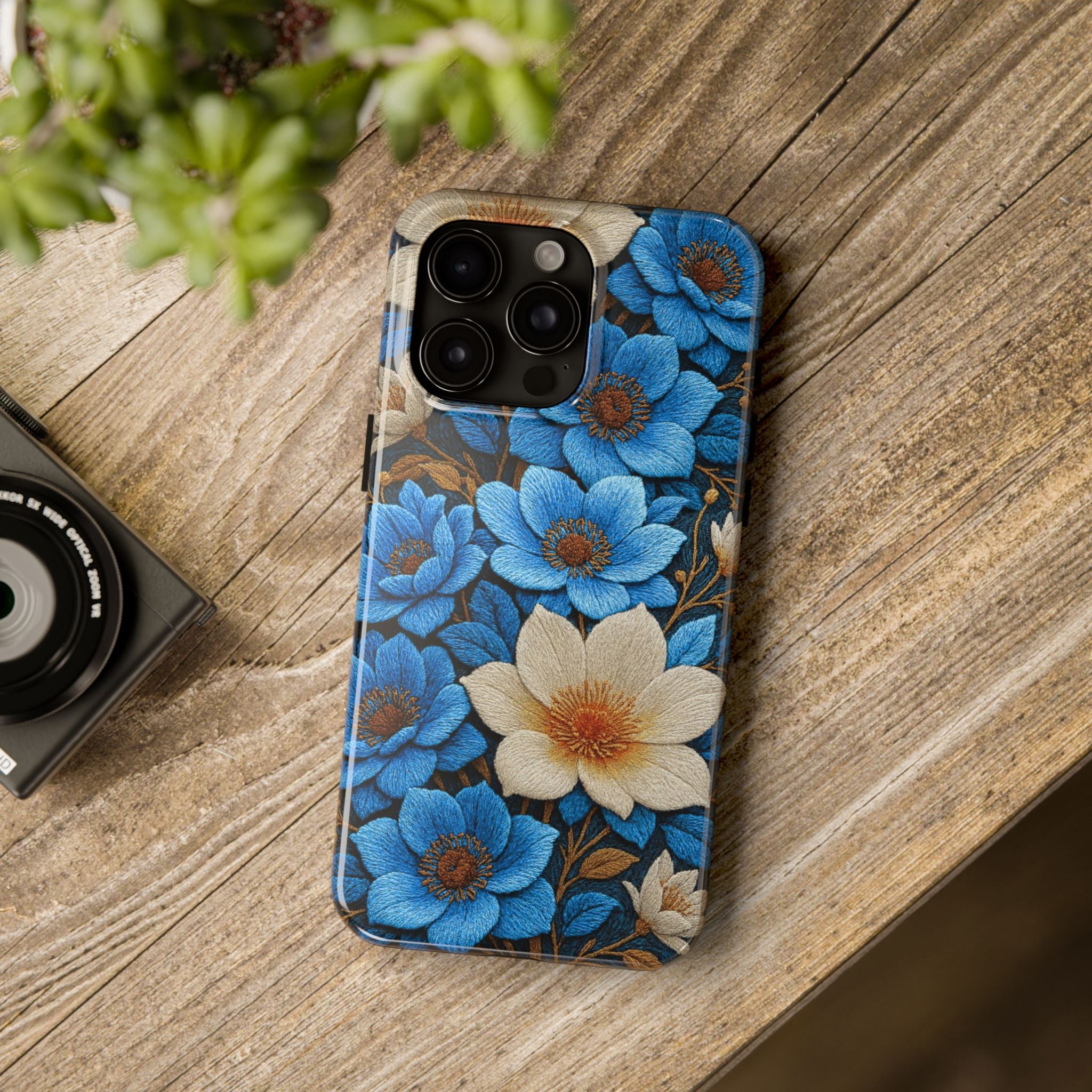 BLUESKYDEZIGN | Midnight Symphony Phone Case | Navy Blue Cream Botanical Floral iPhone Cover | Elegant Gift for Her