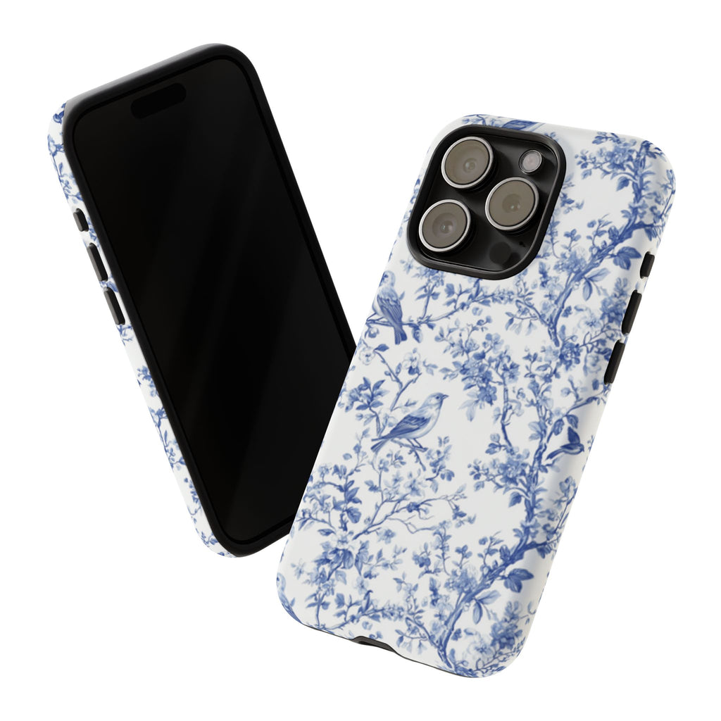 Blue Floral Vine Phone Case, Toile-inspired romantic floral Marbleized Branch Pattern