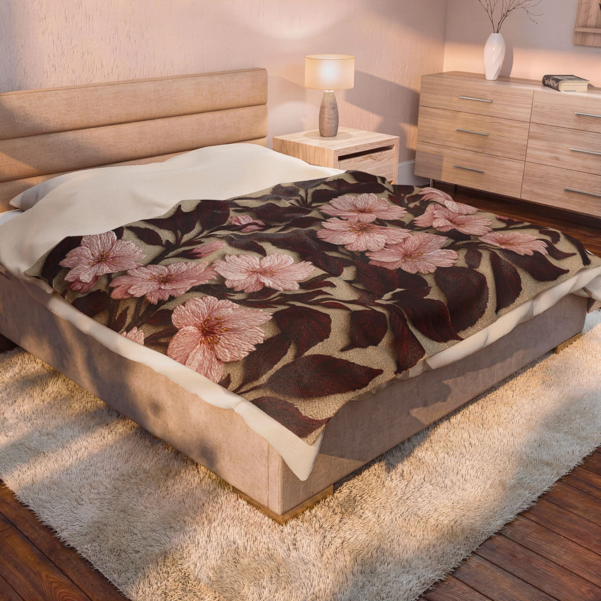 Sakura Noir Plush Blanket — Vintage Pink Floral Velveteen Throw | Botanical Bedding