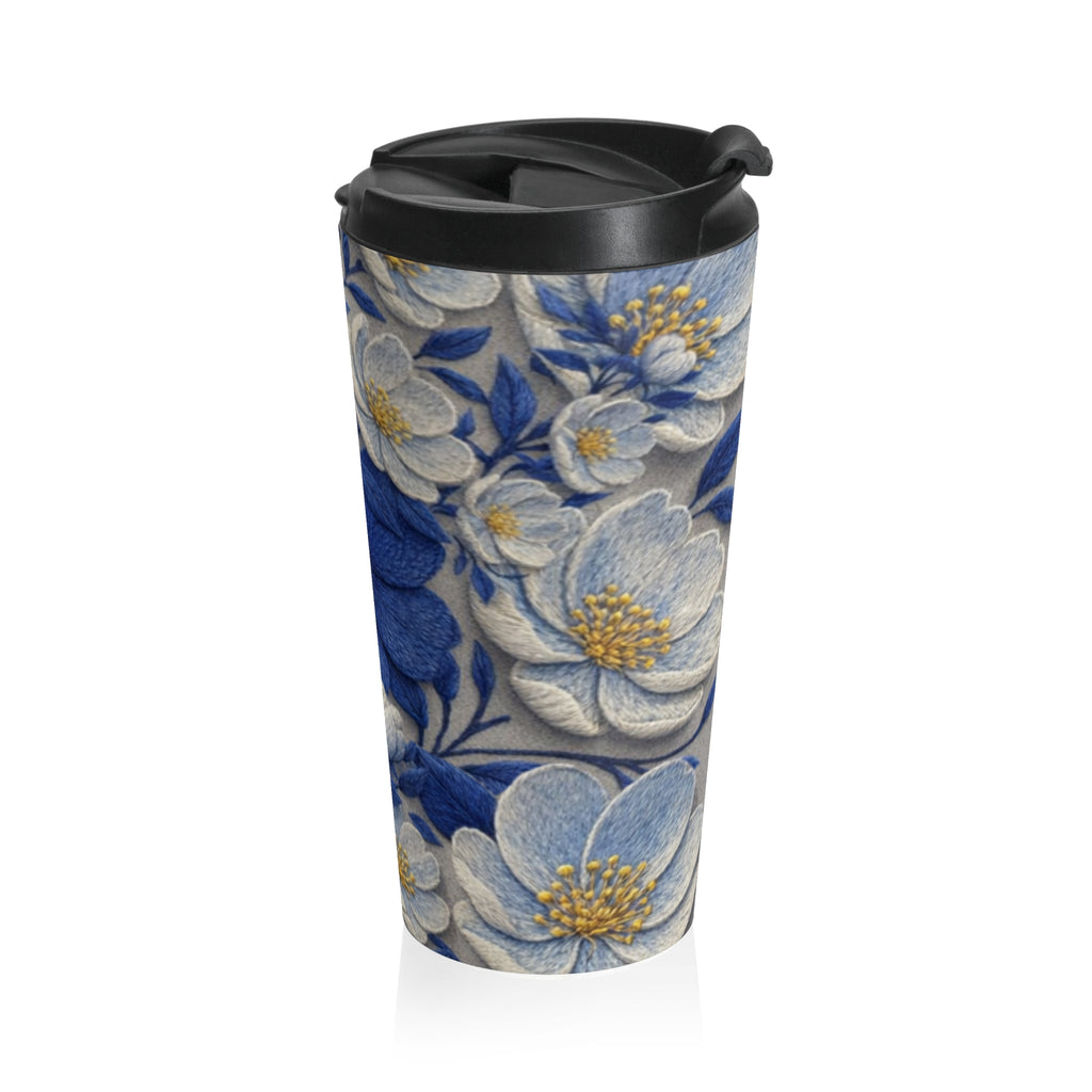 Denim Soul Indigo Floral Travel Mug – 15oz Insulated Stainless Steel Coffee Tumbler