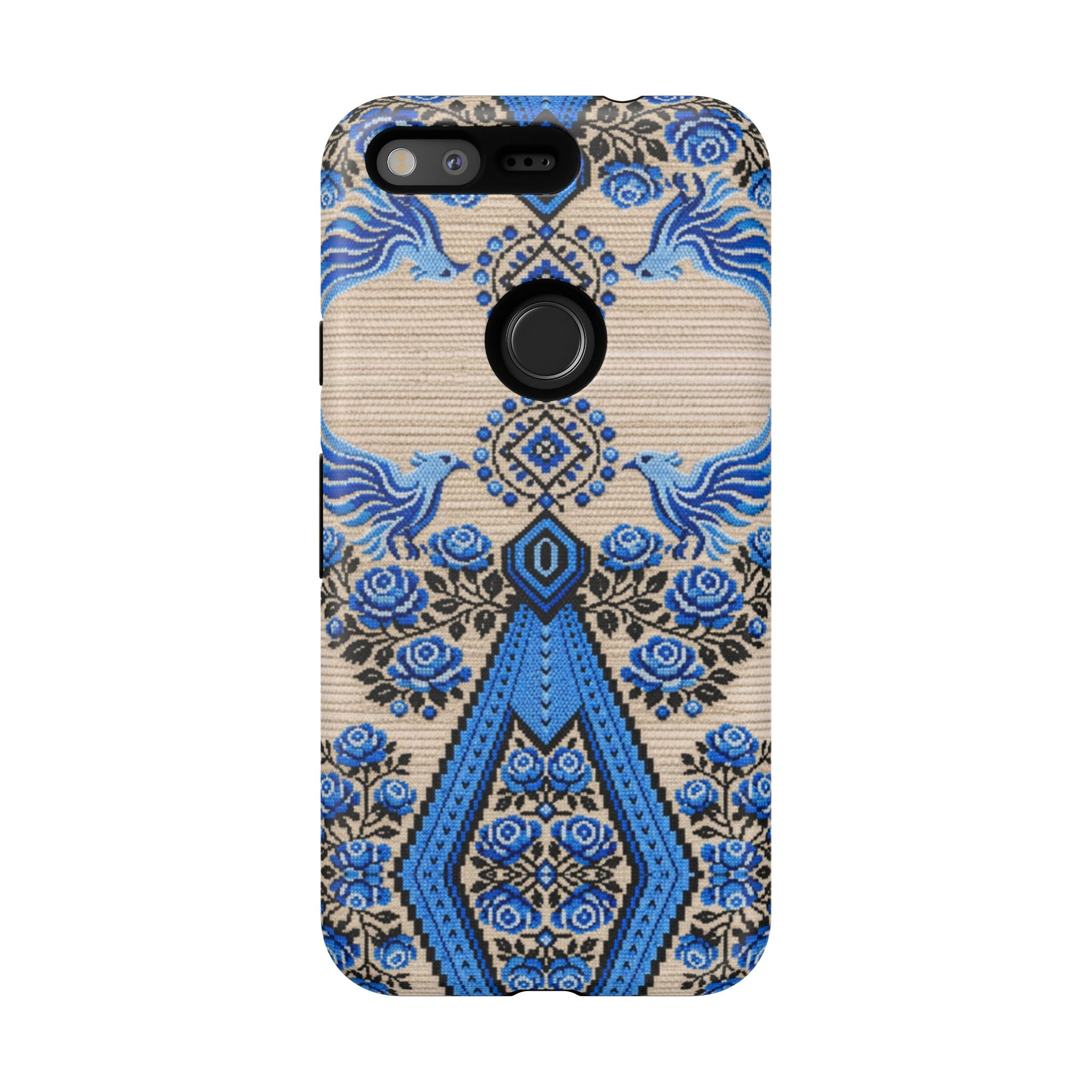 Ukrainian Phone Case  Blue Black Berehynia Design, Falcons & Roses Folk Art, Slavic Embroidery Style Protective Cover