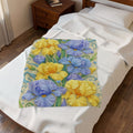 BLUESKYDEZIGN | Yellow and Purple Irises Velveteen Blanket | Irises in Bloom Collection | Cozy Spring Floral Throw | Botanical Gift