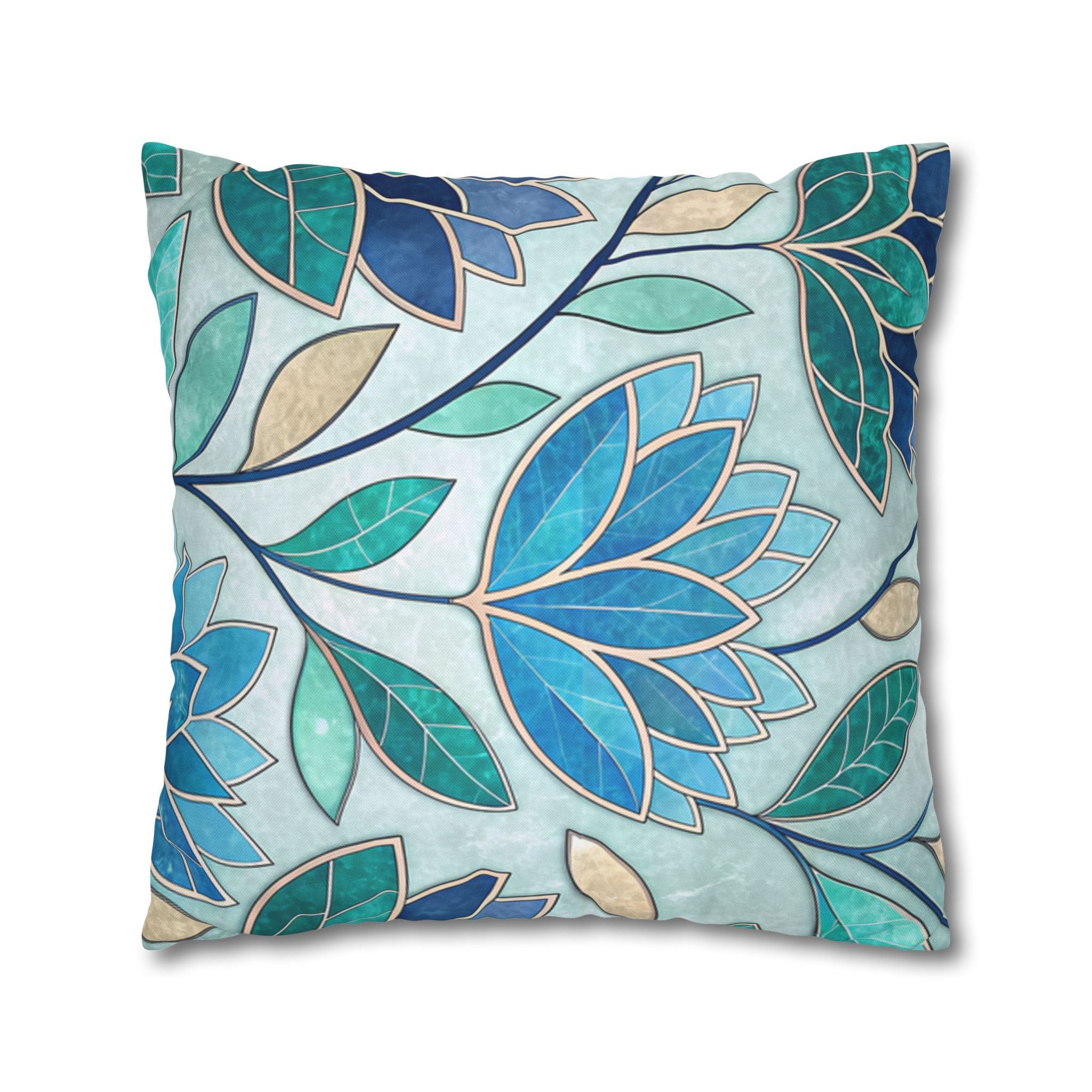 Mosaic Pillowcase 1piece, Stained Glass Style Floral Cushion Covers, Teal Blue Decorative Polyester Throw Pillowcases
