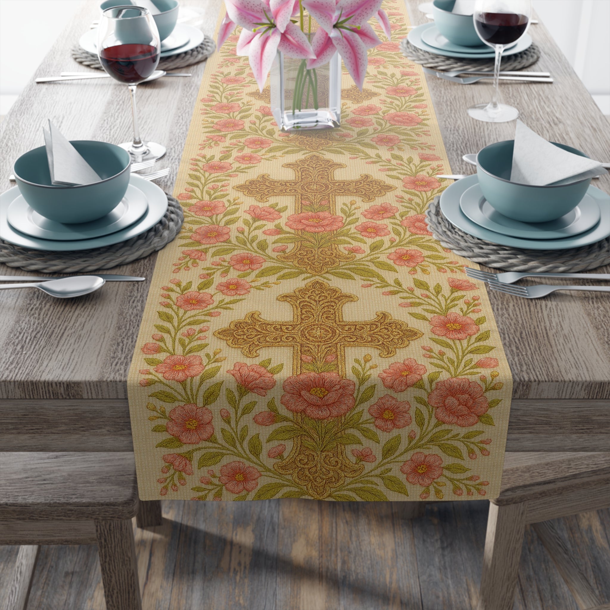 Blessed Home Floral Cross Table Runner | Vintage Rose Easter & Religious Decor | Cotton & Polyester | 2 Sizes