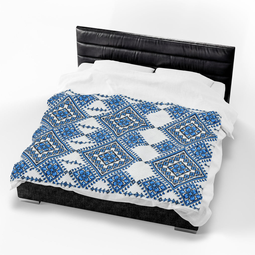 Blue Sky Folk Art Velveteen Plush Blanket | Ukrainian Heritage Geometric Throw