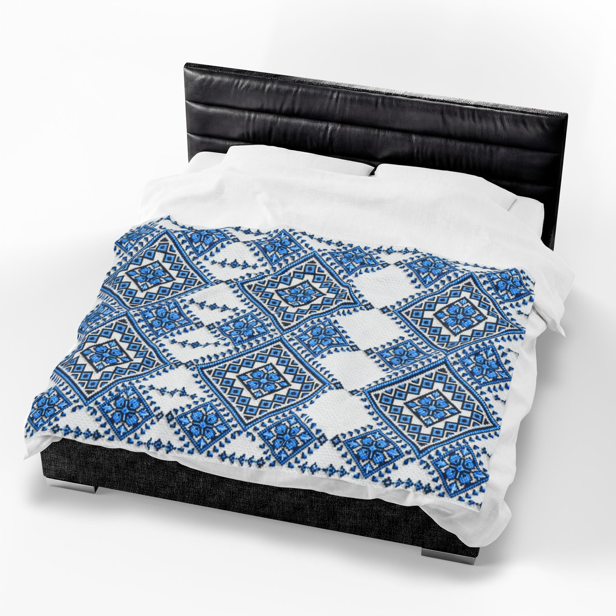 Blue Sky Folk Art Velveteen Plush Blanket | Ukrainian Heritage Geometric Throw