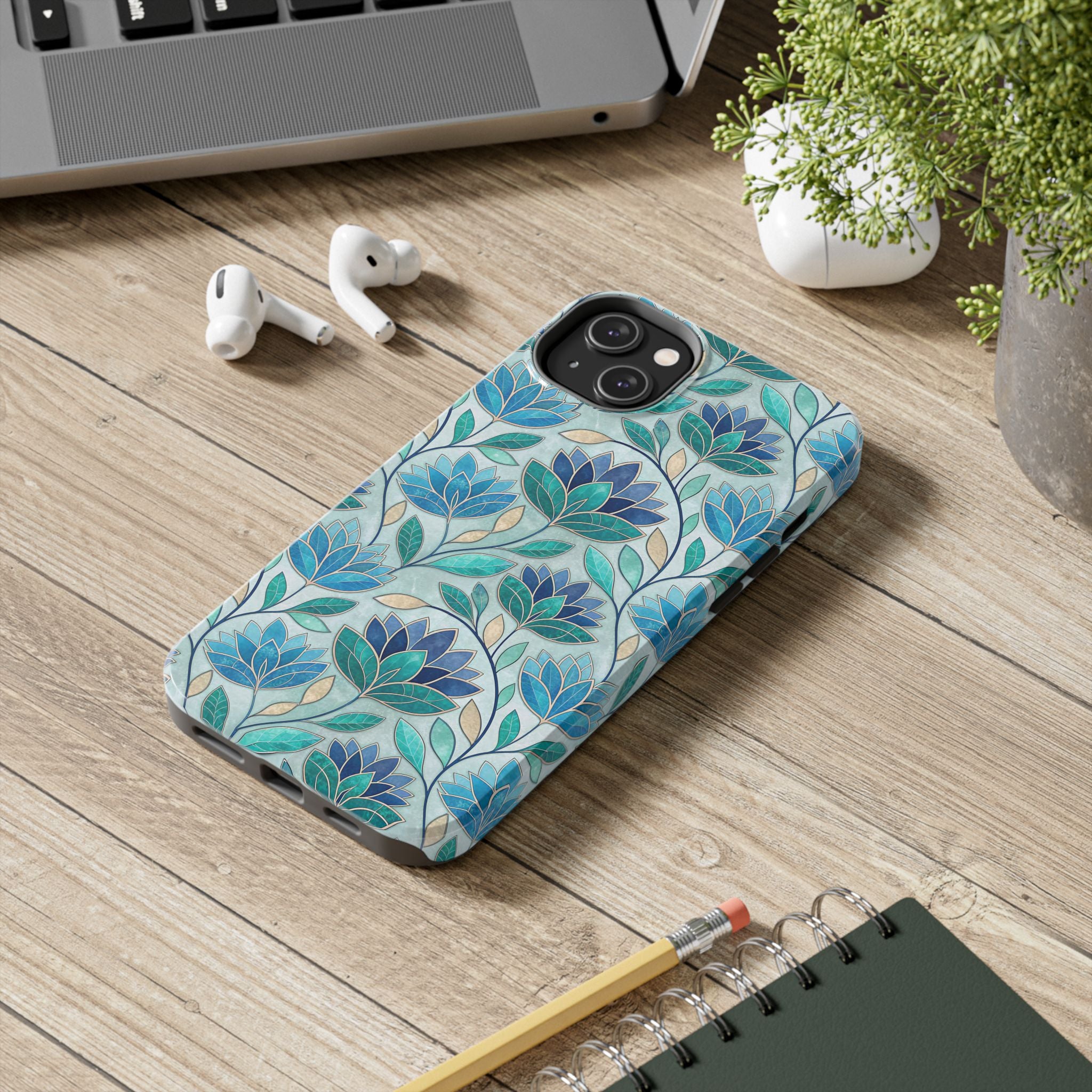 BLUESKYDEZIGN | Mosaic Stained Glass Phone Case | Teal Blue Floral Watercolor iPhone Cover | Artistic Gift for Her