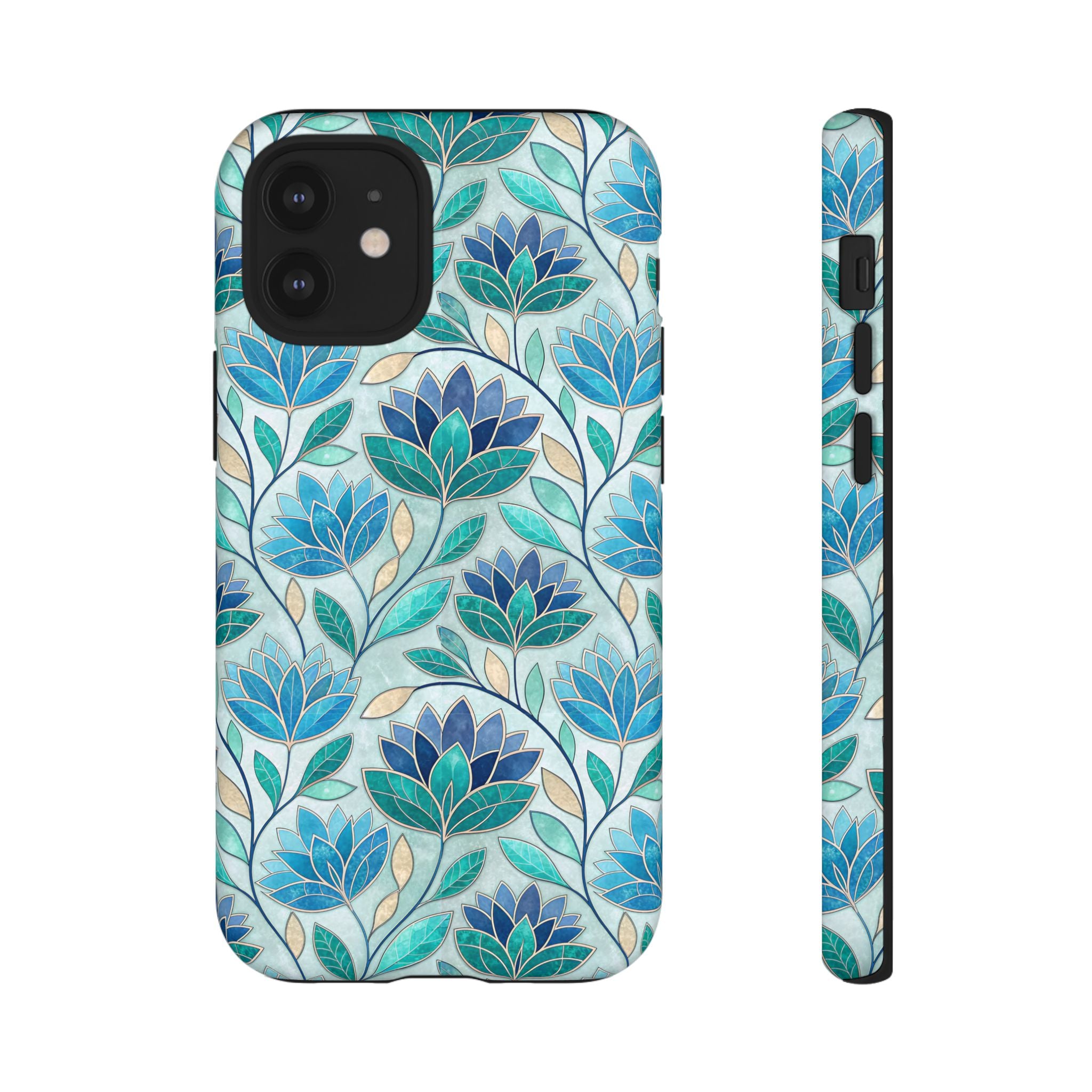 Mosaic iPhone Case, Stained Glass Floral Phone Cover, Teal Blue Protective Case, Matte Glossy Options, Artistic Mosaic Pattern