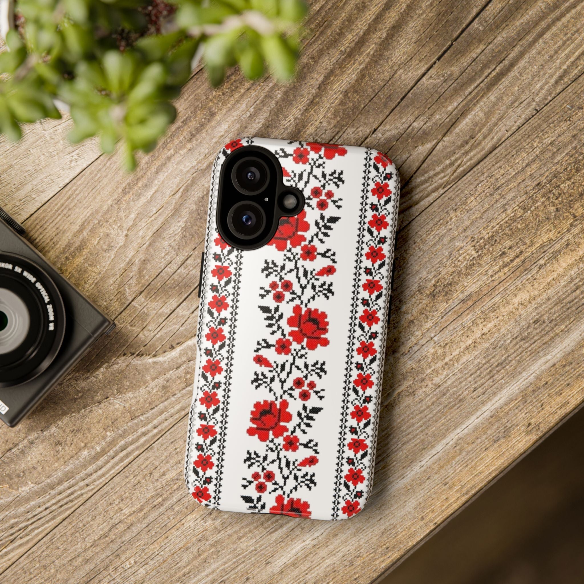 BLUESKYDEZIGN | Ukrainian Embroidery iPhone Case – Red & Black Folk Pattern Protective Tough Cover