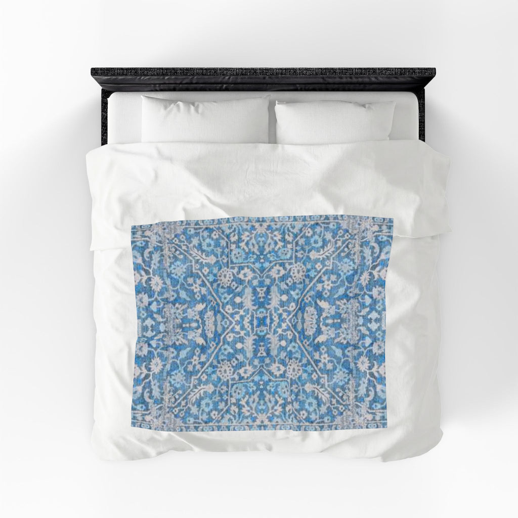 BLUESKYDEZIGN Grandmother's Heritage Velveteen Blanket - Blue Vintage Floral Boho Throw, Modern Rustic