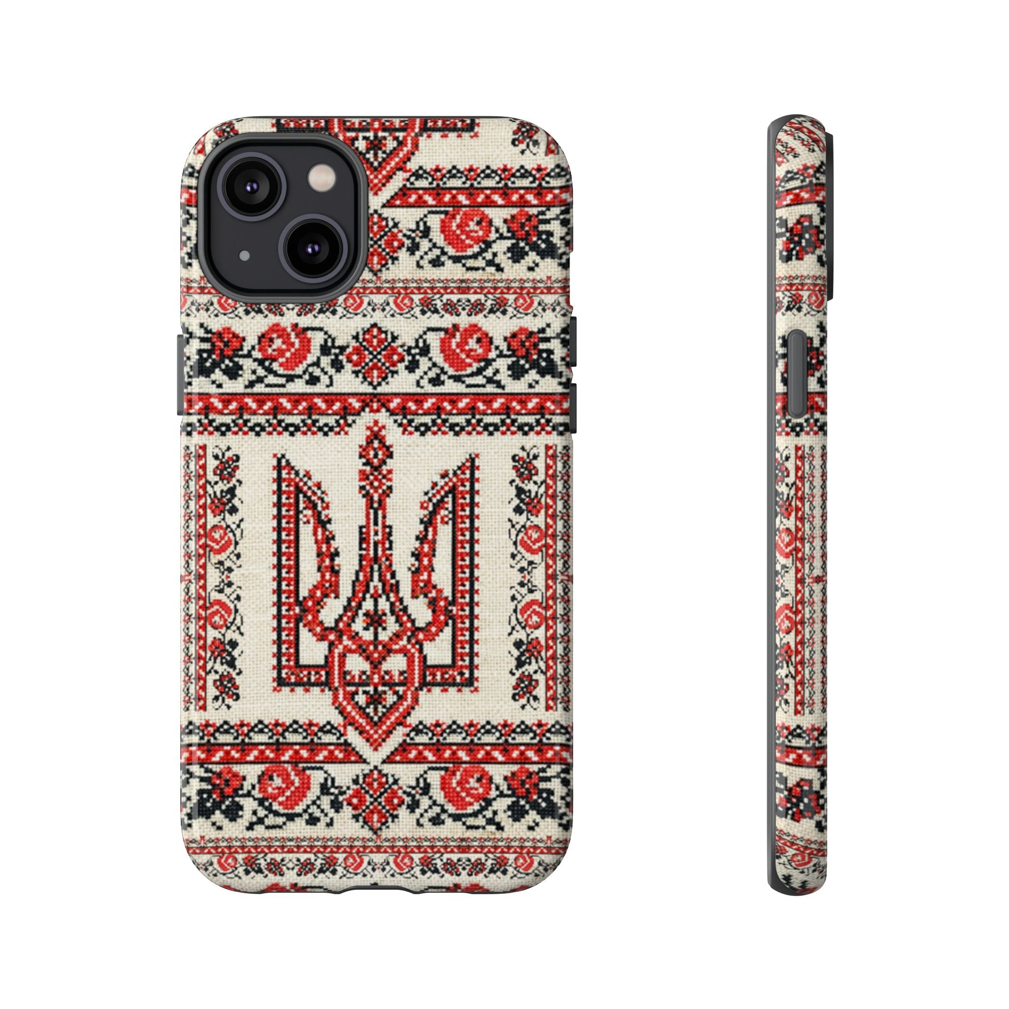 Ukrainian Trident Embroidery Phone Case • Red Black Trident Pattern • Protective Folk Art Cover for iPhone & Samsung
