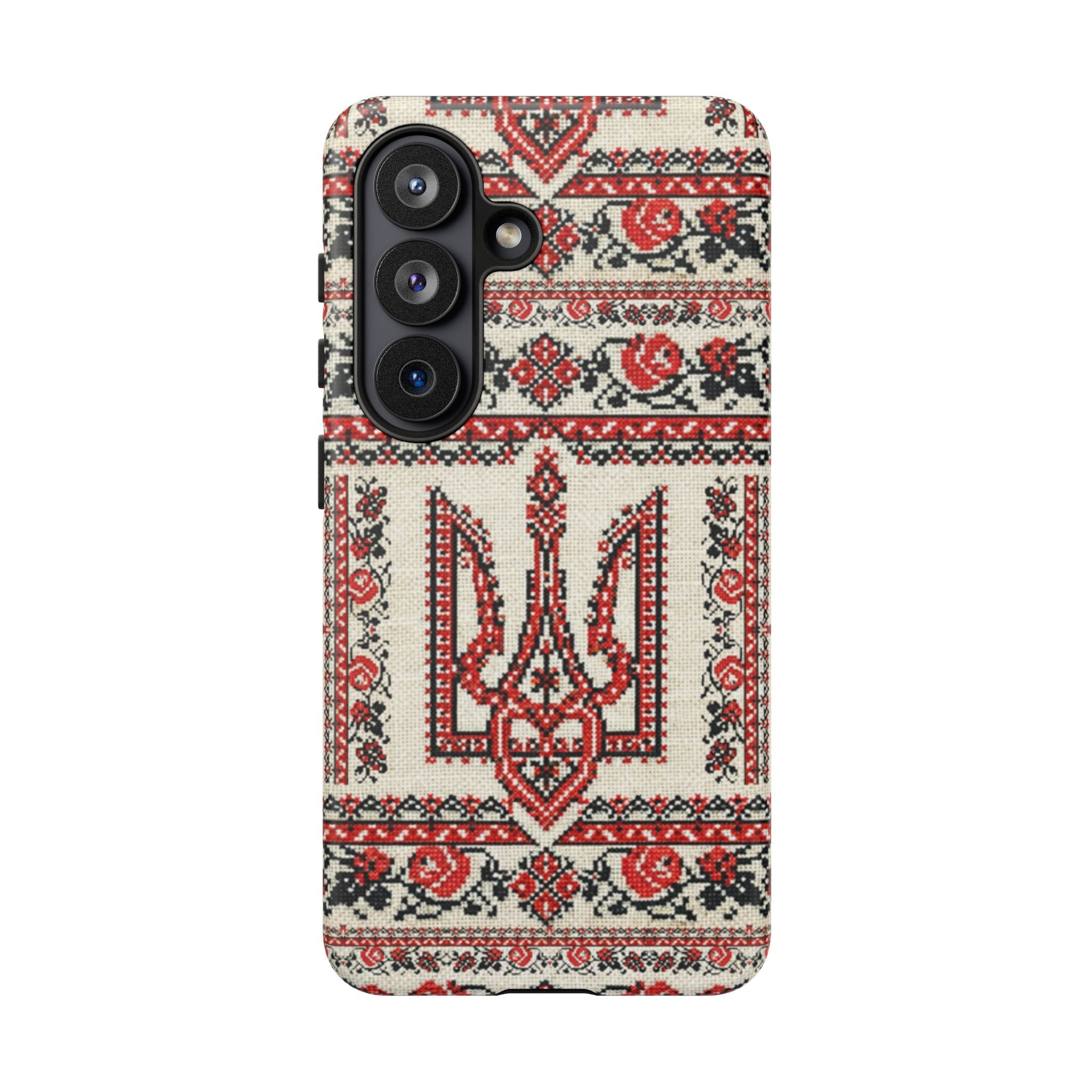 Ukrainian Trident Embroidery Phone Case • Red Black Trident Pattern • Protective Folk Art Cover for iPhone & Samsung