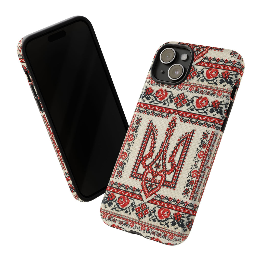 Ukrainian Trident Embroidery Phone Case • Red Black Trident Pattern • Protective Folk Art Cover for iPhone & Samsung