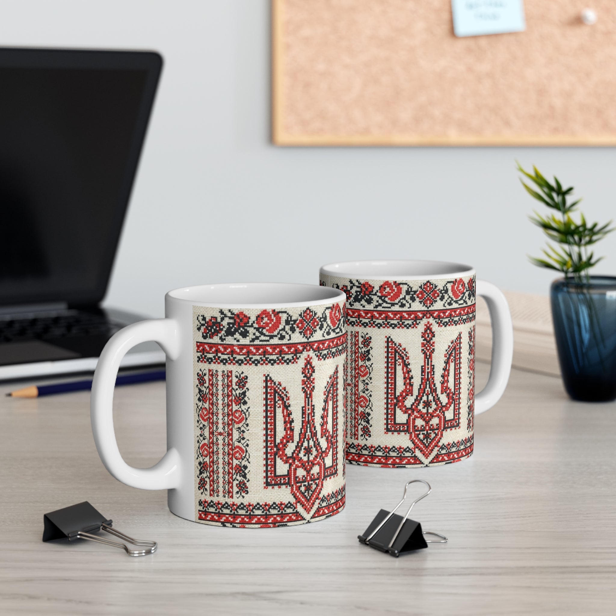 Tryzub 11oz Mug, Ukrainian Red Black Embroidery, Folk Art Trident Coffee Tea Cup, Cultural Gift Idea, Red Black Vyshyvanka Pattern