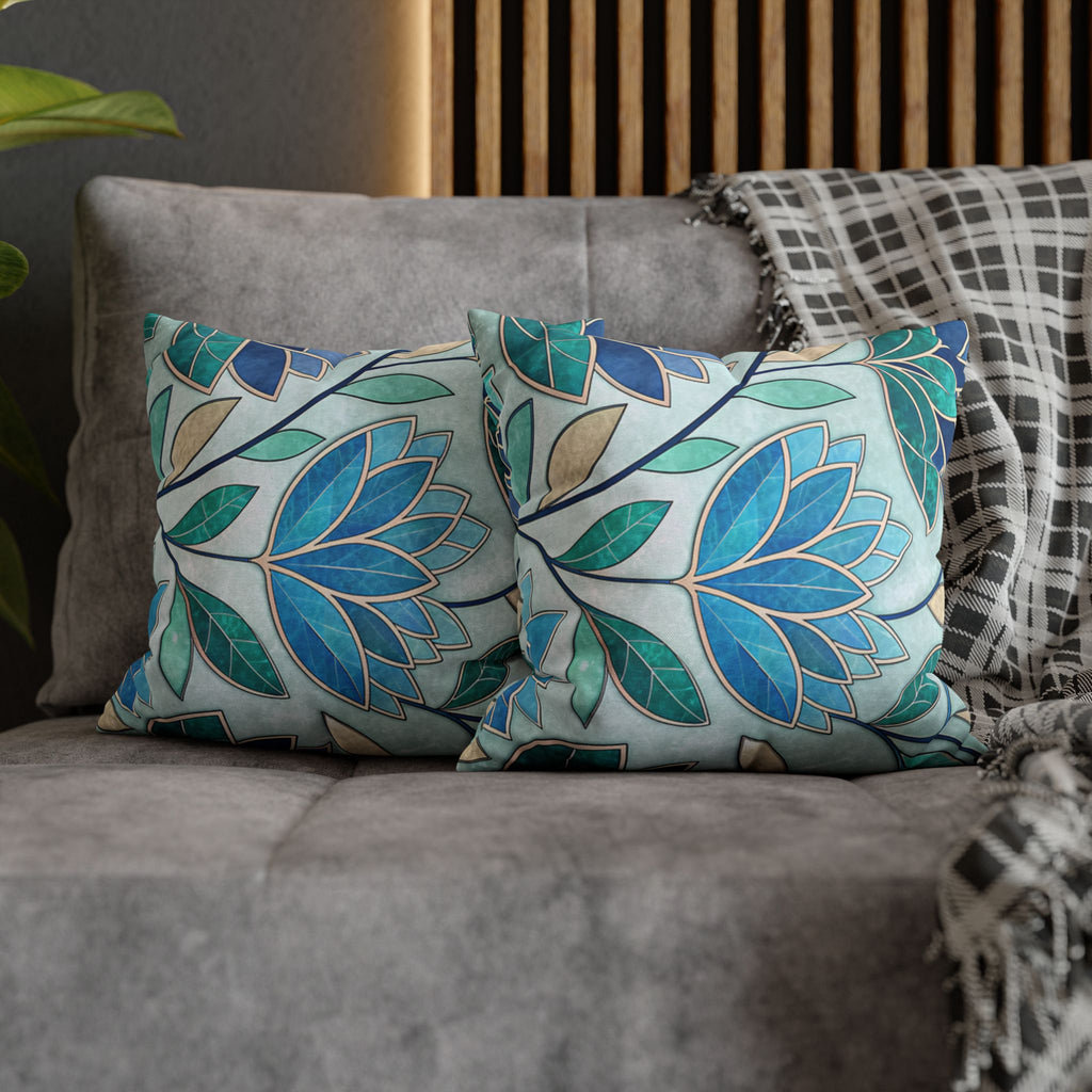 Mosaic Pillowcase 1piece, Stained Glass Style Floral Cushion Covers, Teal Blue Decorative Polyester Throw Pillowcases