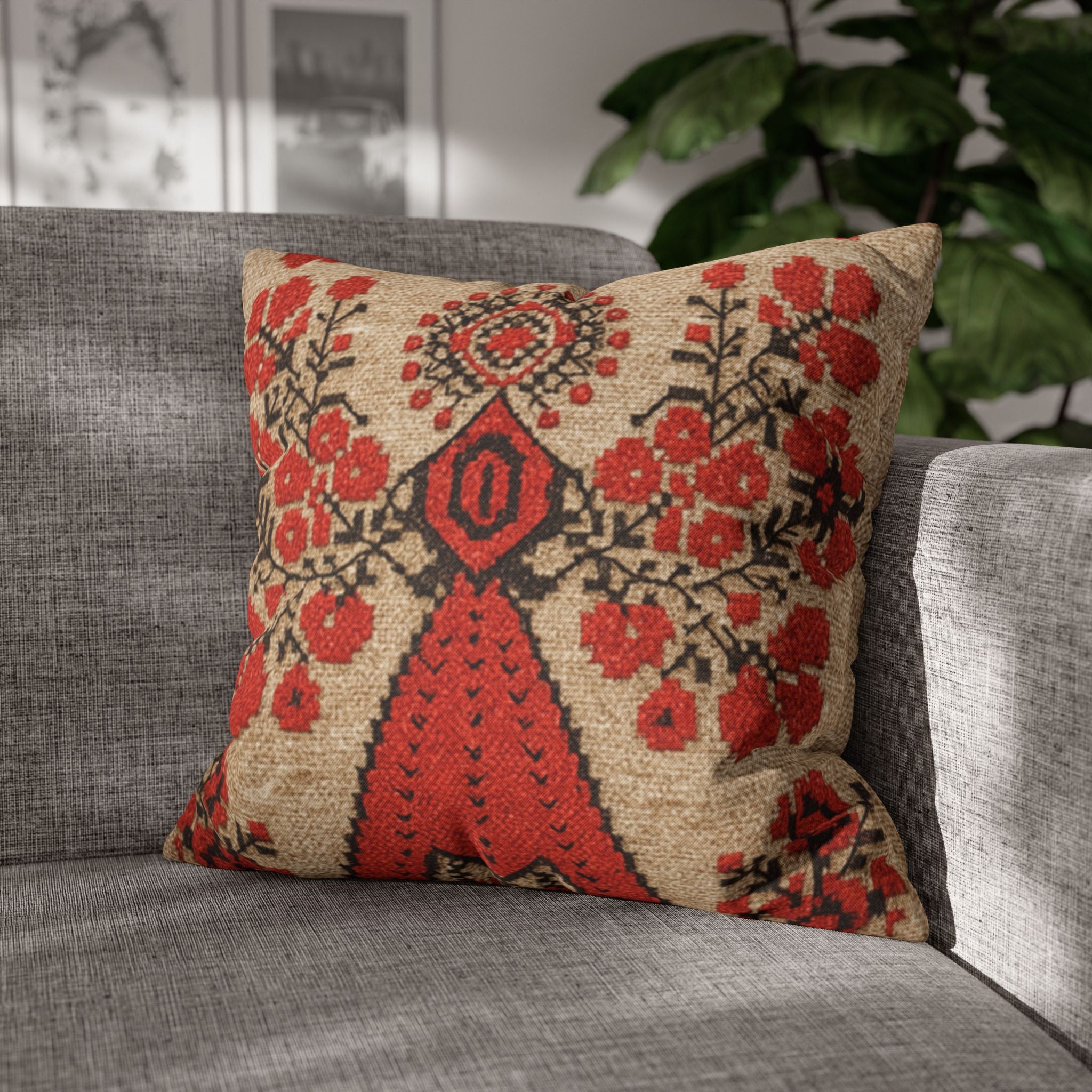 Berehynia Pillowcase, Ukrainian Protective Symbol, Red Black Folk Art Throw Pillow Cover for Home