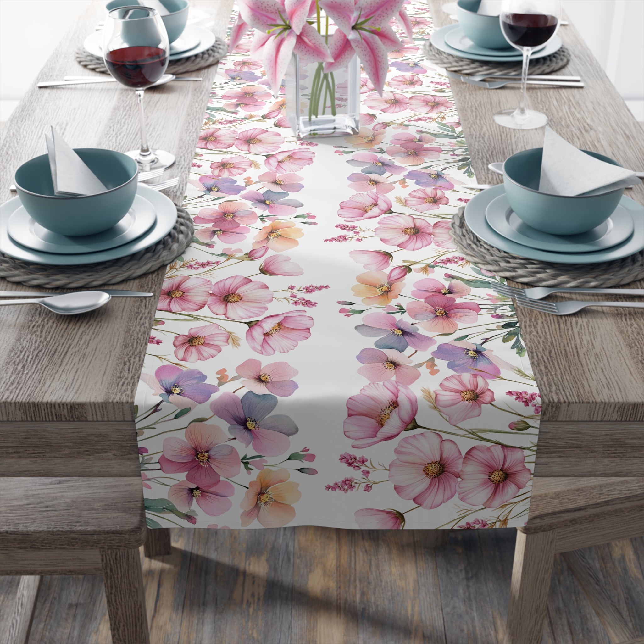 Spring Floral Table Runner, Pink & Purple Blossom Table Decor, Elegant Dining Table Runner, Botanical Wedding Centerpiece, Spring Home Decor
