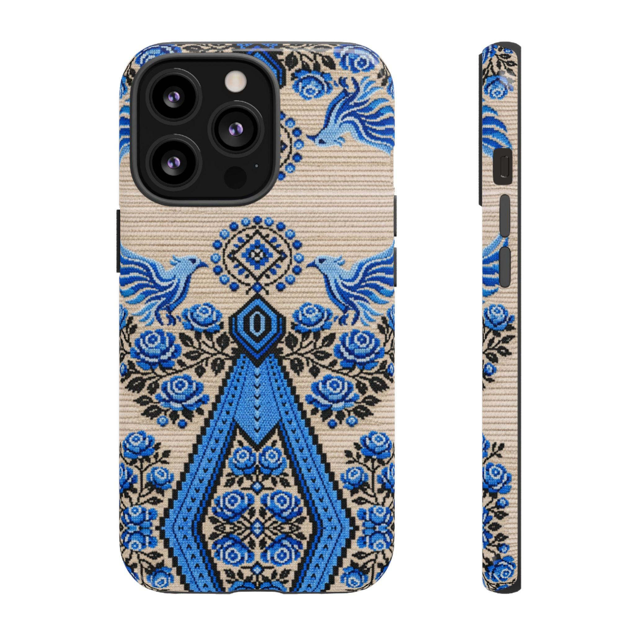 Ukrainian Phone Case  Blue Black Berehynia Design, Falcons & Roses Folk Art, Slavic Embroidery Style Protective Cover