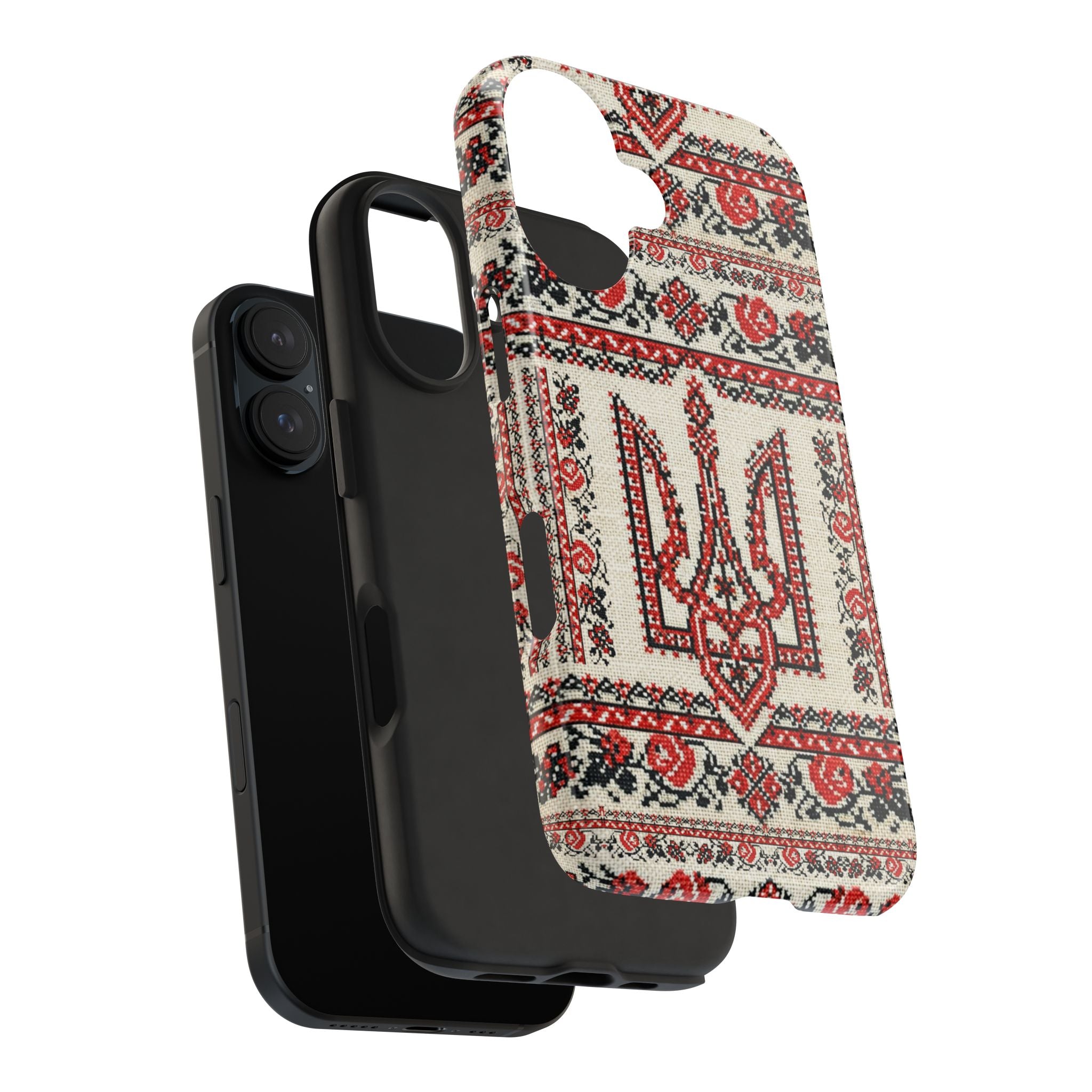 BLUESKYDEZIGN | Tryzub Ukrainian Phone Case | Red Black Trident Folk Embroidery iPhone Cover | Heritage Gift