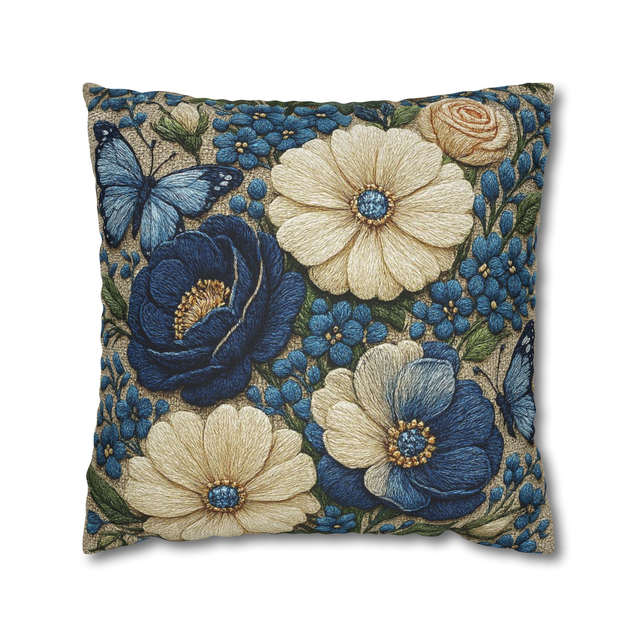 Wild Beauty Floral Throw Pillow Cover – Blue & Cream Botanical Cushion Case