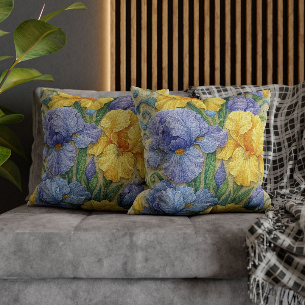 BLUESKYDEZIGN | Yellow and Lavender Irises Pillow Cover | Irises in Bloom Collection | Spring Floral Cushion | Botanical Home Gift