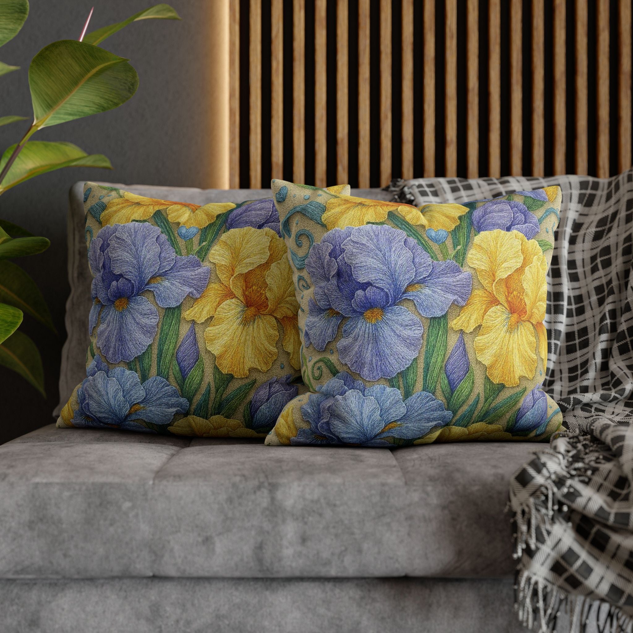 BLUESKYDEZIGN | Yellow and Lavender Irises Pillow Cover | Irises in Bloom Collection | Spring Floral Cushion | Botanical Home Gift