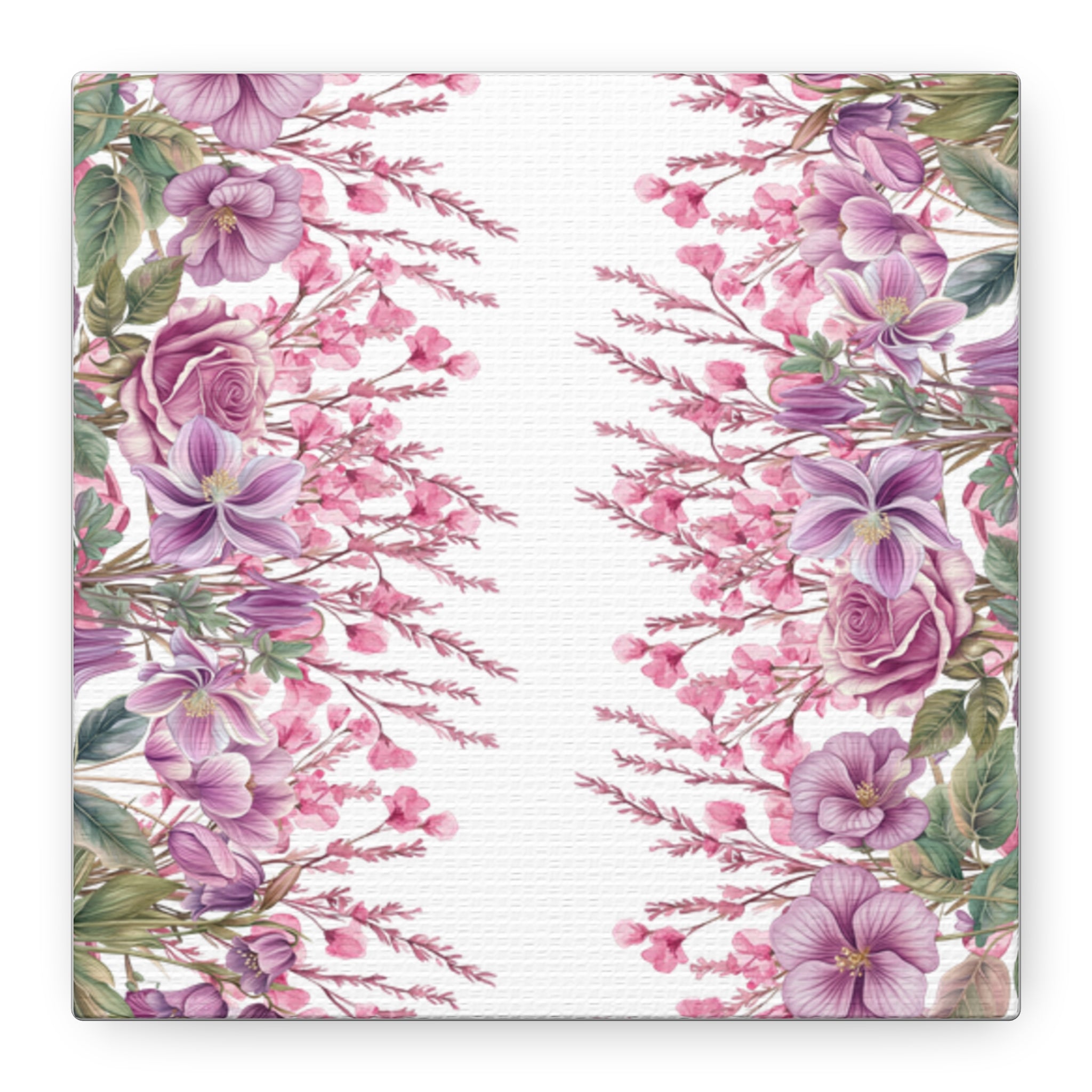 Floral Matte Canvas Wall Art, Pink Purple Botanical Print, Modern Symmetrical Flower Design, Stretched 1.25" Canvas Home Decor