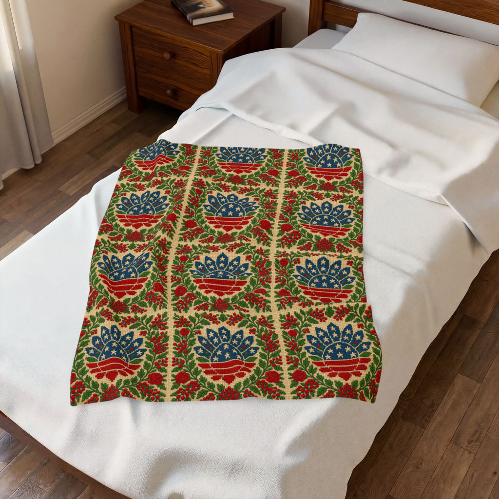 America 250 Velveteen Plush Blanket | Patriotic Folk Floral Throw | 1776–2026 Anniversary Gift