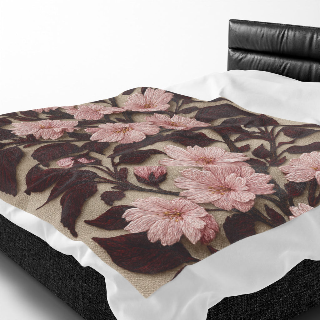 Sakura Noir Plush Blanket — Vintage Pink Floral Velveteen Throw | Botanical Bedding