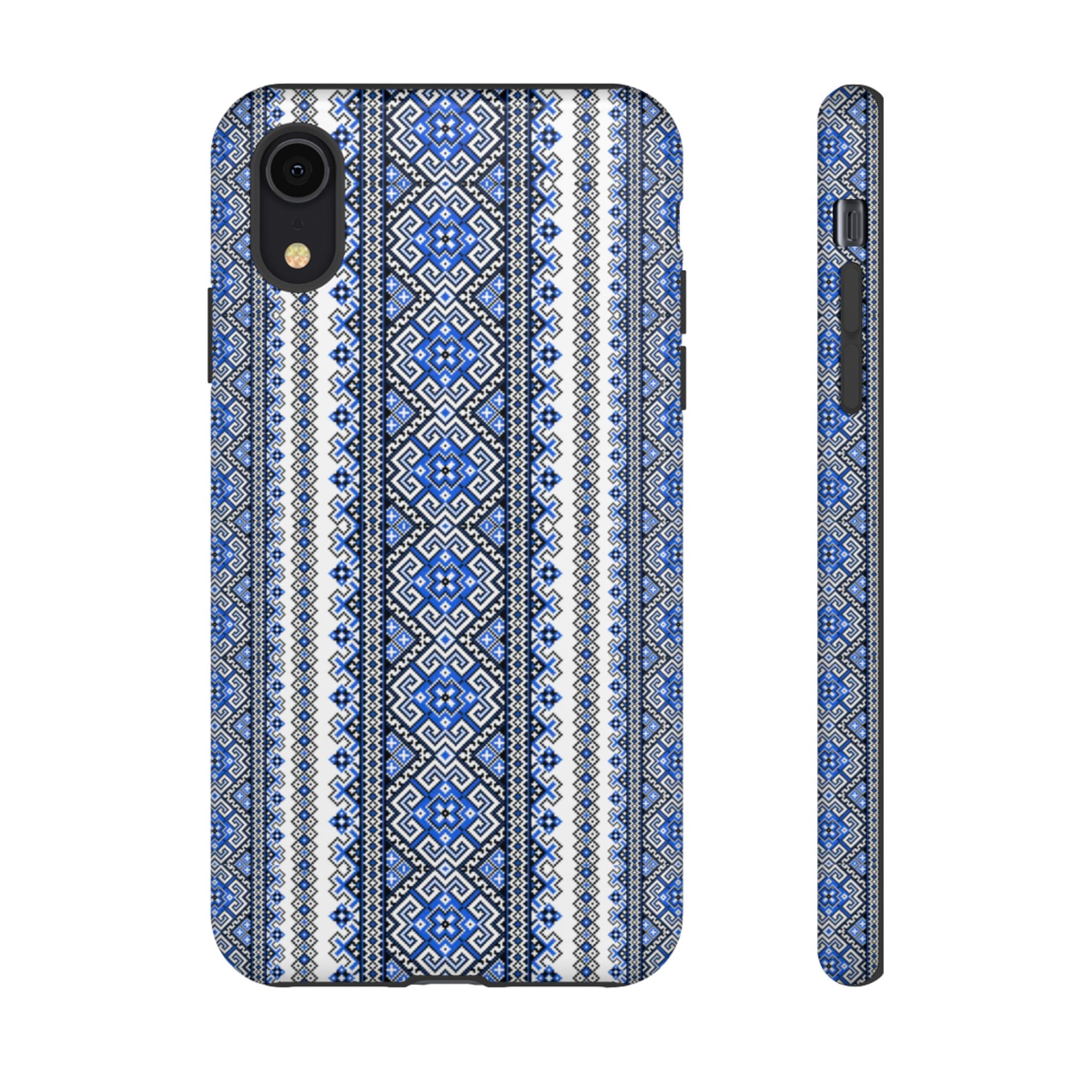 Ukrainian Pattern iPhone Case, Blue Black Geometric Folk Design, Protective Phone Cover, Traditional Ethnic Print