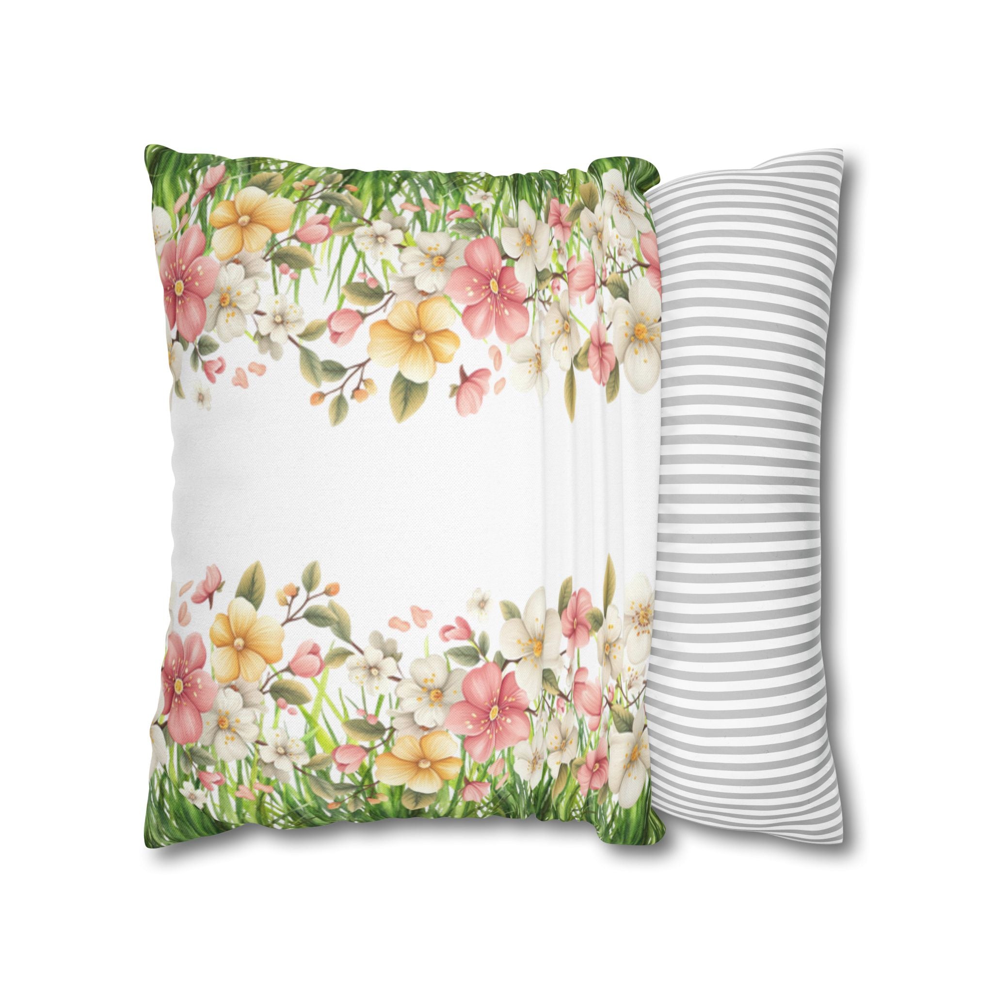 Spring Floral Pillowcase 1piece, Polyester Cushion Cover, Green Grass Border with Pink  White Flowers, Spring Home Decor