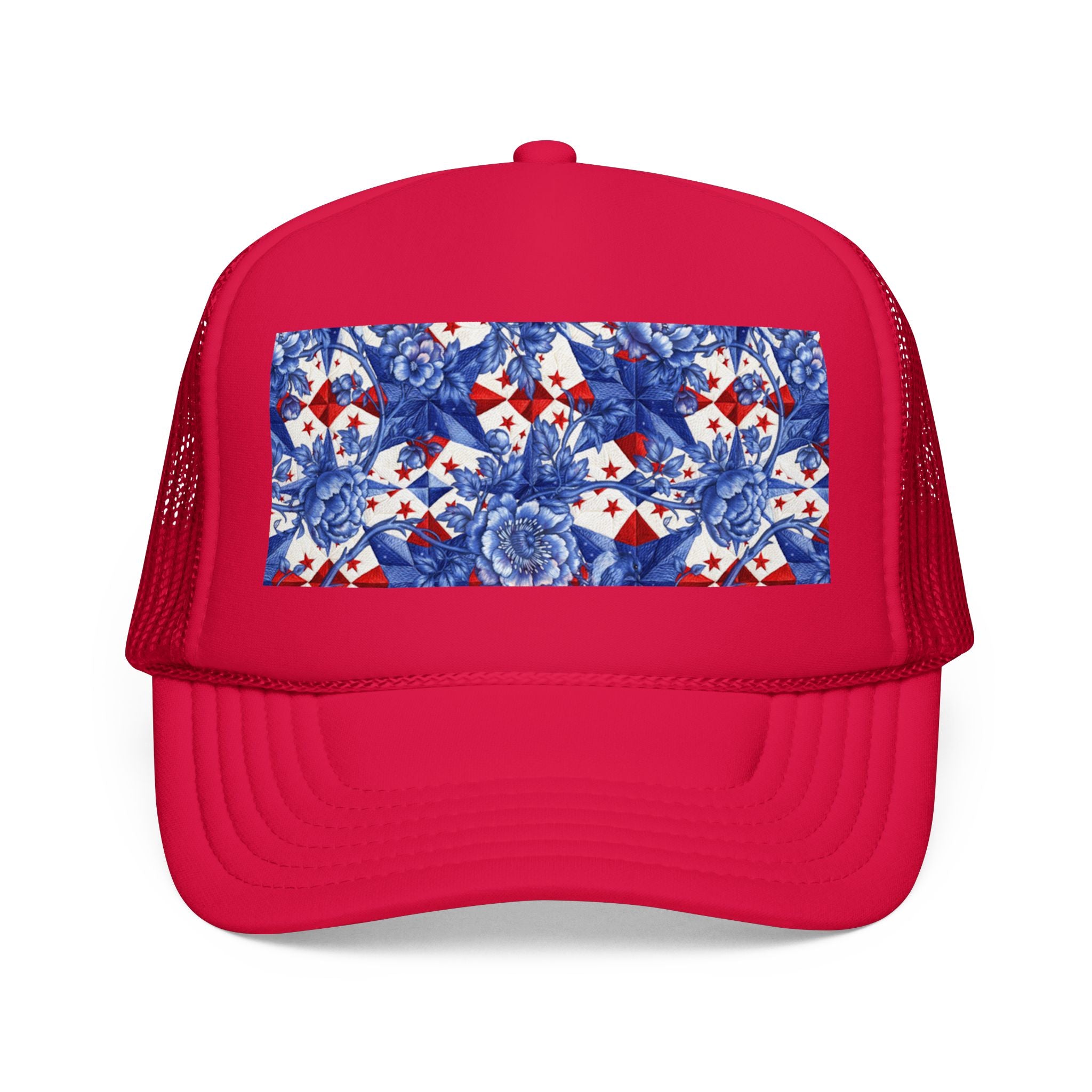 America 250th Anniversary Trucker Hat | Patriotic Toile Floral & Stars | BLUESKYDEZIGN